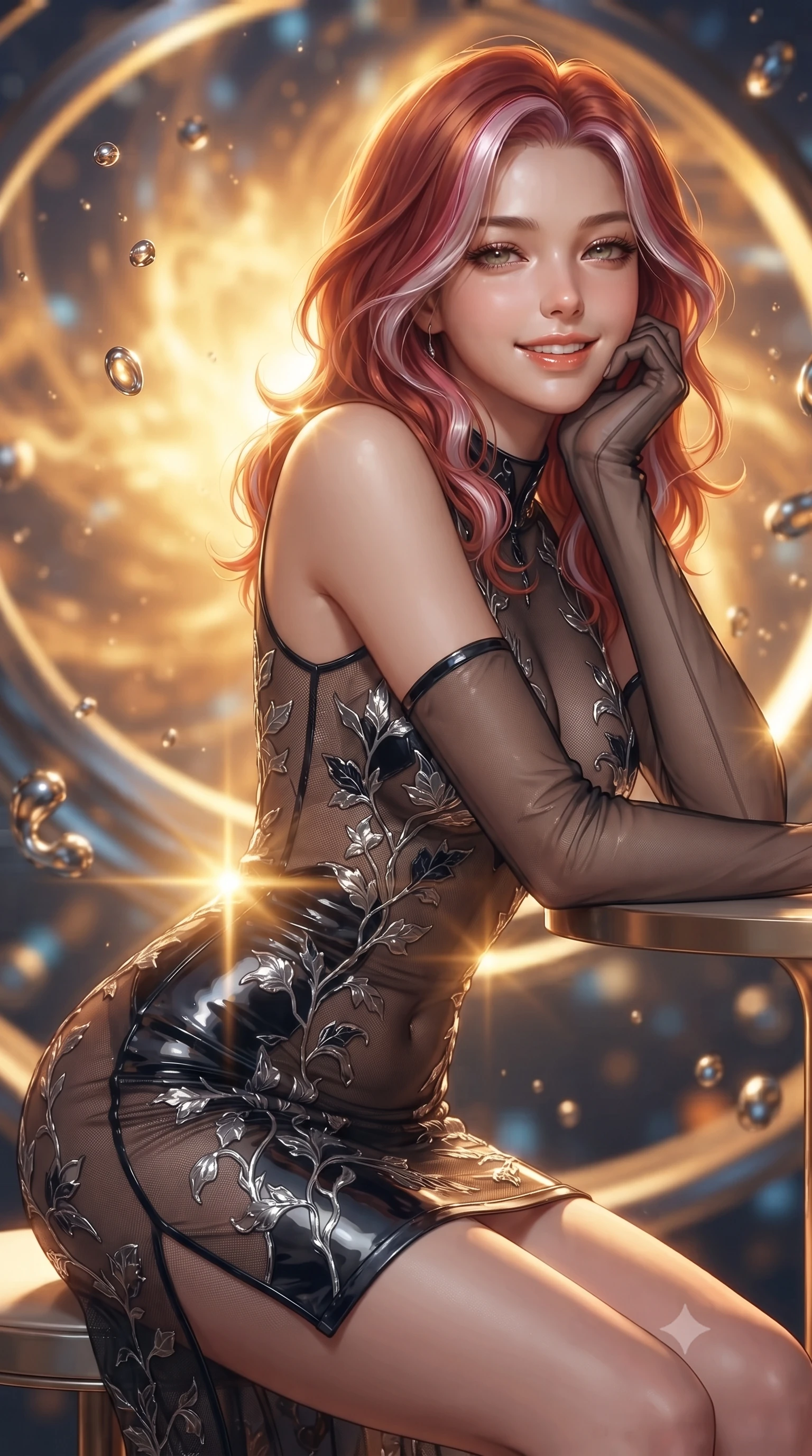 score_9, masterpiece, best quality, ultra-detailed, high-budget anime keyframe, editorial fashion photography, tasteful artistic composition, Caucasian woman. close-up cowboy shot from the waist and thighs up, the character dominates the composition, filling the frame with her large presence. resting one elbow on the table and supporting her chin, leaning close to the camera with heavy-lidded sparkling eyes and parted lips while twisting her slender torso in an alluring contrapposto stance, blinding solar flare coronas casting golden brilliance across her narrow waist and curvy hips. The background shows a soft-focus swirling solar corona prominences, floating liquid metal droplets, and immense curved structural ring frames blurred into amber, gold, and diamond bokeh. She has an exceptionally elegant, slender, and willowy female figure with an ultra-slim waist, flat toned midriff, narrow ribcage, and sculpted feminine hips creating an alluring, slim hourglass silhouette without bulk. sharp v-shaped jawline, high-bridge nose, intricate jewel-like sparkling eyes with depth, thick eyelashes, glossy parted lips with a natural peach sheen, bright cheerful beaming smile with an enchanting and coquettish sensual glint, exuding both youthful cute charm and seductive allure, flawlessly proportioned anatomical accuracy, strict slender model proportions, natural body alignment, perfectly sculpted long slender limbs, ultra-slim waistline, clean dynamic posture without body distortion. wearing a provocative sheer noir illusion mesh cocktail dress with embroidered climbing metallic ivy contouring her curves in liquid mercury chrome and deep midnight obsidian, tailored from high-gloss patent leather with mirror-like specular highlights, complemented by sheer opera-length evening gloves tracing her slender arms, the impeccably tailored cut draping gracefully along her slender figure with aristocratic poise. bathed in the blinding warm golden 4000K solar radiance filtered through polarizing quantum smart-glass. ultra-reflective glossy finish, specular highlights, rich textural contrasts, high-contrast stereoscopic depth, volumetric dynamic lighting, 2k, ultra detail, master piece, 9:16 ratio