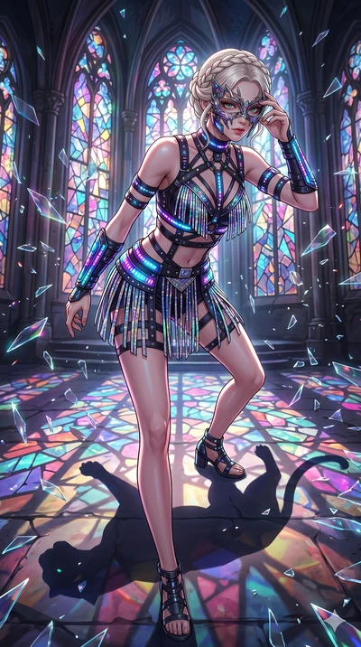 score_9, masterpiece, best quality, ultra-detailed, Set A: High-budget Anime Keyframe, Caucasian (strictly human ears) woman. Low angle cowboy shot filling the entire 9:16 frame with her statuesque presence. Adjusting a mask through a shattered glass
