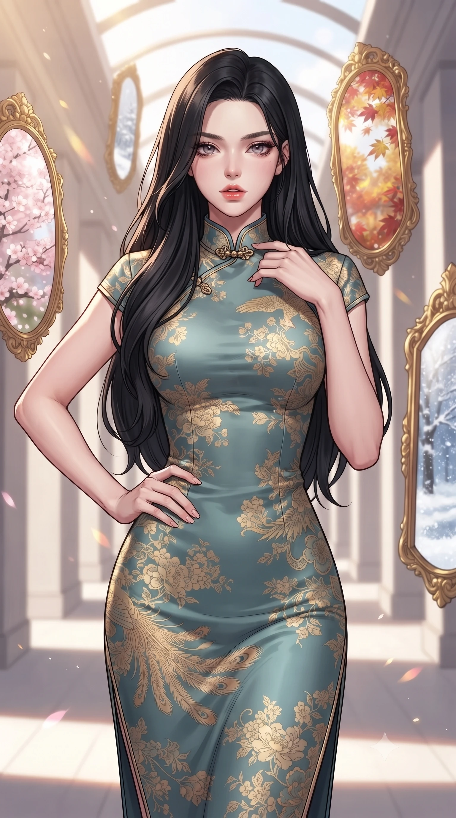 score_9, masterpiece, best quality, ultra-detailed, high-budget anime keyframe, gorgeous anime illustration, with clean line-art and distinct ink outlines, Korean woman. close-up cowboy shot from the waist and thighs up, the character dominates the composition, filling the frame with her large presence, background elements kept in soft focus. Looking directly at the camera with a bold fearless expression and parted lips. set against a soft-focus background of a long corridor with no ceiling, where giant ornate gold-framed mirrors float in mid-air, each mirror reflecting a different season (spring cherry blossoms, autumn leaves, winter snow). She has an exceptionally elegant and slender, willowy female figure with an ultra-slim waist, a gracefully sculpted slender torso, and a refined slim physique. sharp v-shaped jawline, high-bridge nose, intricate jewel-like eyes with depth, thick eyelashes, glossy lips with a natural sheen. wearing a modern fusion qipao-inspired midi dress in muted teal and gold floral print with a mandarin collar. natural sunlight from above combined with localized light reflections from the seasonal mirrors (warm gold, cool white, soft pink). 2k, ultra detail, master piece, 9:16 ratio, vibrant anime color palette, detailed cel-shading with soft gradients, rich contrast, dynamic lighting, 2d animation style