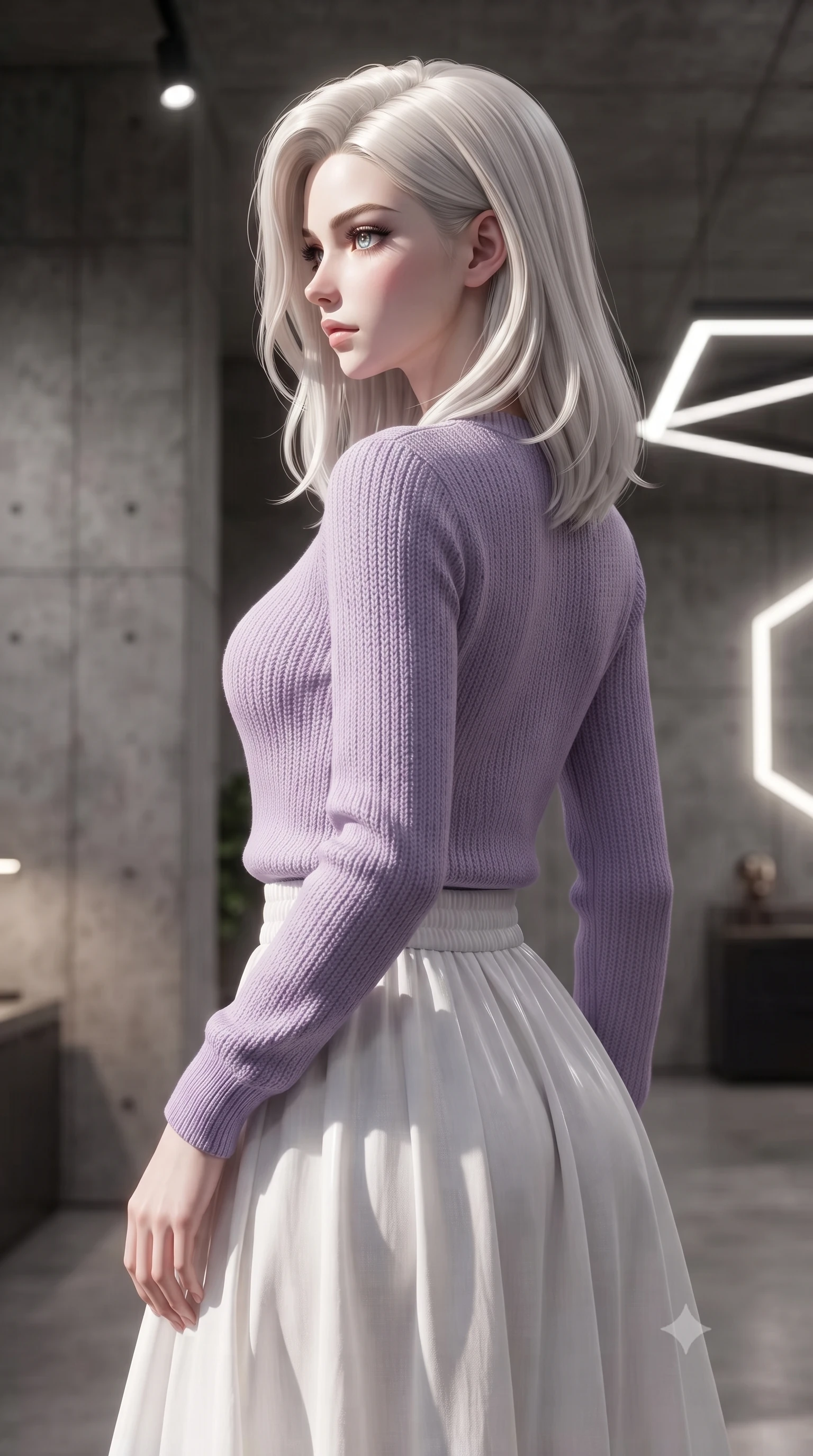 score_9, masterpiece, best quality, ultra-detailed, high-budget anime keyframe, editorial fashion photography, tasteful artistic composition, Caucasian woman. close-up cowboy shot from the waist and thighs up, the character dominates the composition, filling the frame with her large presence, background elements kept in soft focus. turning her face in sharp profile, casting a cold, mysterious, yet intensely alluring side gaze, the background shows a soft-focus an underground vault lounge with concrete walls and modern geometric light installations. She has an exceptionally elegant, slender, and willowy female figure with an ultra-slim waist, a gracefully sculpted slender torso, and a refined silhouette. sharp v-shaped jawline, high-bridge nose, intricate jewel-like eyes with depth, thick eyelashes, glossy lips with a natural sheen. wearing a tailored comfortable lavender knit sweater paired with a flowy white cotton maxi skirt. focused white spotlights casting clean, structured shadows across her pose. ultra-reflective glossy finish, specular highlights, metallic sheen, high-contrast stereoscopic depth, volumetric dynamic lighting, 2k, ultra detail, master piece, 9:16 ratio