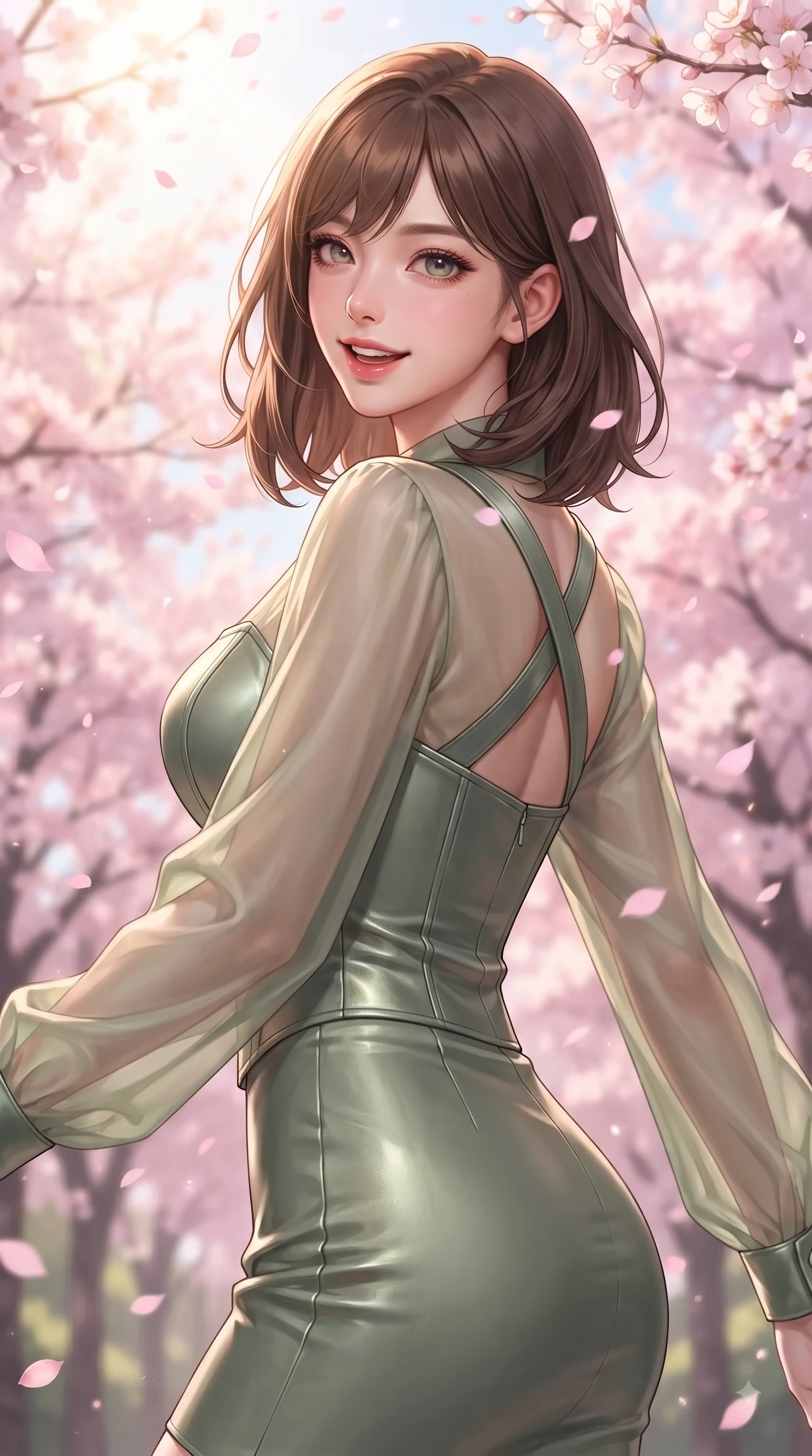 score_9, masterpiece, best quality, ultra-detailed, high-budget anime keyframe, editorial fashion photography, tasteful artistic composition, Korean woman. close-up cowboy shot from the waist and thighs up, the character dominates the composition, filling the frame with her large presence, background elements kept in soft focus. Playful cute expression with a warm smile and parted lips, looking right into the camera with vibrant energy while pivoting dynamically with a bright cute smile as pink sakura petals rain down like snow, bright spring sunbeams illuminating the scene in soft pastel pink and gold tones. She has an exceptionally elegant, slender, and willowy female figure with an ultra-slim waist, a gracefully sculpted slender torso, and a refined silhouette. sharp v-shaped jawline, high-bridge nose, intricate jewel-like eyes with depth, thick eyelashes, glossy lips with a natural sheen, flawlessly proportioned anatomical accuracy, natural body alignment, perfectly sculpted elegant limbs, clean dynamic posture without body distortion. wearing a tailored leather bustier over a sheer silk chiffon blouse in sage green and oatmeal, made of premium stretch velvet with a rich sheen, complemented by criss-cross back straps highlighting her bare shoulders, the sleek second-skin texture accentuating her magnetic presence. surrounded by a fresh, sweet, and nostalgic spring school atmosphere. ultra-reflective glossy finish, specular highlights, metallic sheen, high-contrast stereoscopic depth, volumetric dynamic lighting, 2k, ultra detail, master piece, 9:16 ratio