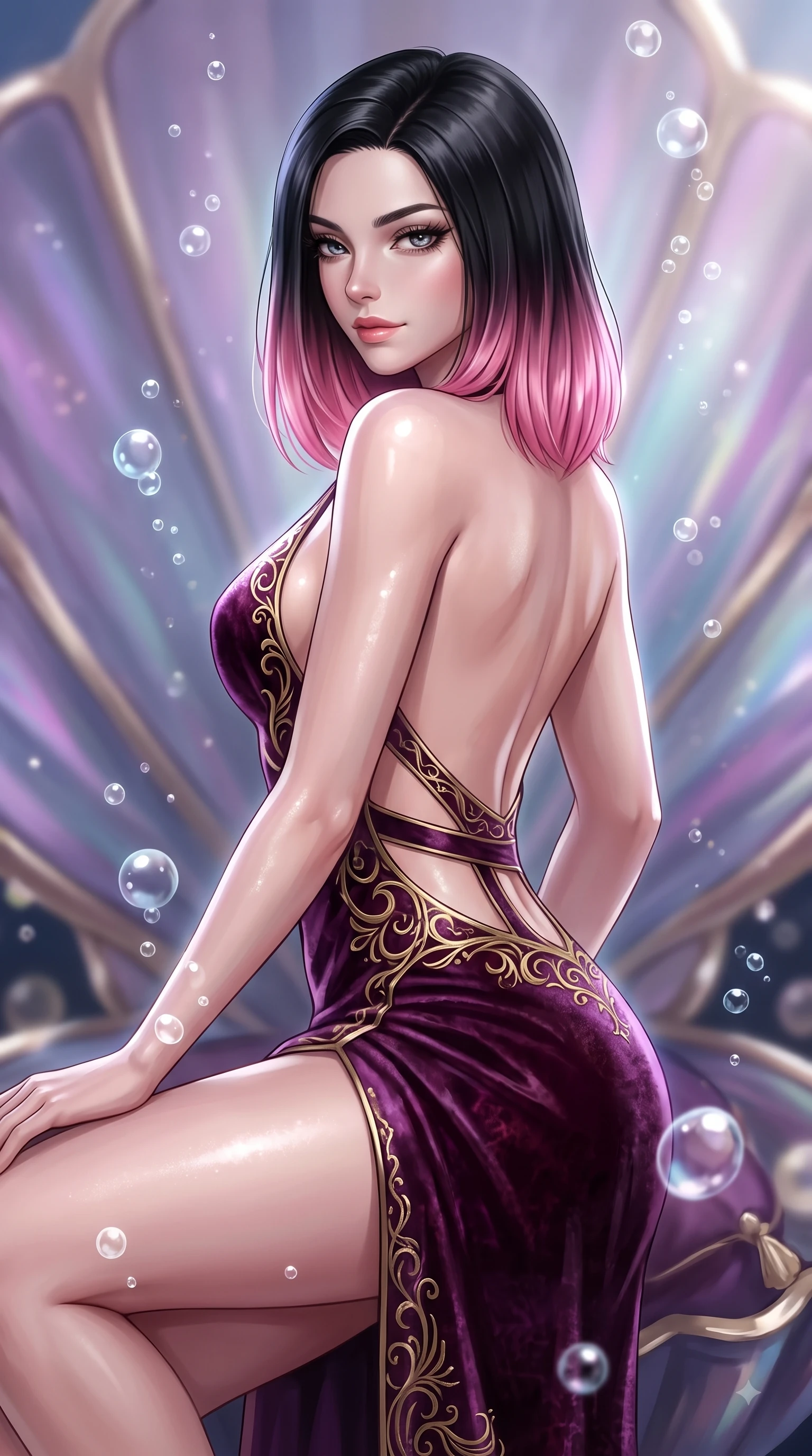 score_9, masterpiece, best quality, ultra-detailed, high-budget anime keyframe, editorial fashion photography, tasteful artistic composition, Korean woman. close-up cowboy shot from the waist and thighs up, the character dominates the composition, filling the frame with her large presence, background elements kept in soft focus. Casting a seductive sidelong gaze over her bare shoulder with heavy lashes and a composed half-smile while poised on an abyssal prism shell throne as gentle sea bubbles cast pearl-white highlights, rising bioluminescent bubbles casting soft pearl-like highlights on her athletic build. She has an exceptionally elegant, slender, and willowy female figure with an ultra-slim waist, a gracefully sculpted slender torso, and a refined silhouette. sharp v-shaped jawline, high-bridge nose, intricate jewel-like eyes with depth, thick eyelashes, glossy lips with a natural sheen, flawlessly proportioned anatomical accuracy, natural body alignment, perfectly sculpted elegant limbs, clean dynamic posture without body distortion. wearing a backless crushed velvet gown with a deep V-neckline and high thigh slit in plum purple and gold filigree, made of premium stretch velvet with a rich sheen, featuring clean architectural cutouts along her slender torso, the tailored fabric tightly following every curve of her athletic build. surrounded by a shimmering ocean aura with bright pearl-white specular rim lights. ultra-reflective glossy finish, specular highlights, metallic sheen, high-contrast stereoscopic depth, volumetric dynamic lighting, 2k, ultra detail, master piece, 9:16 ratio