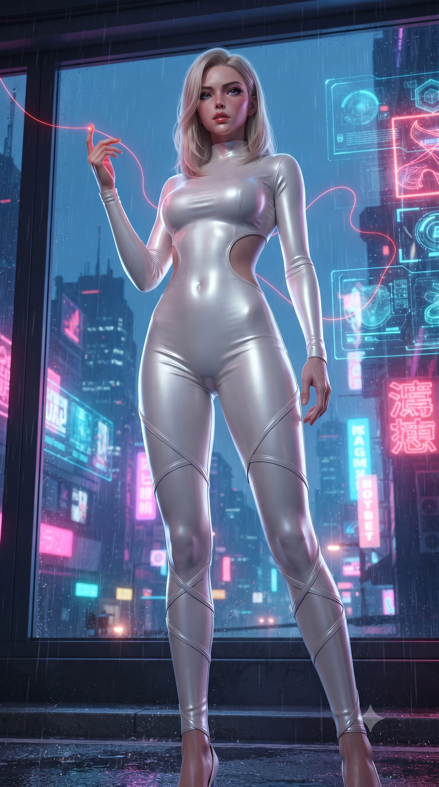 score_9, masterpiece, best quality, ultra-detailed, High-budget Anime Keyframe, editorial fashion photography, tasteful artistic composition, realistic cosplay photography, Caucasian woman, strictly human ears. Low angle cowboy shot filling the entire 9:16 frame with her statuesque presence. Scenario 519: tracing a glowing red thread of fate with her fingers in a glowing neon window at twilight with soft rain falling. Her presence is magnetic and overpowering in this high-budget cinematic scene. Outfit 519: a form-contouring pearl white bodycon knit jumpsuit with strategic waist cut-outs and slender leg straps. The clothing is designed to emphasize her exceptionally tall and slender 8-heads proportion. 8-heads proportion, towering silhouette, ultra-slim waist. sharp v-shaped jawline, intricate jewel-like eyes with depth, thick eyelashes, glossy lips. ultra-reflective glossy finish, specular highlights, metallic sheen, high-contrast stereoscopic depth, volumetric dynamic lighting, 2k, ultra detail, master piece, 9:16 ratio