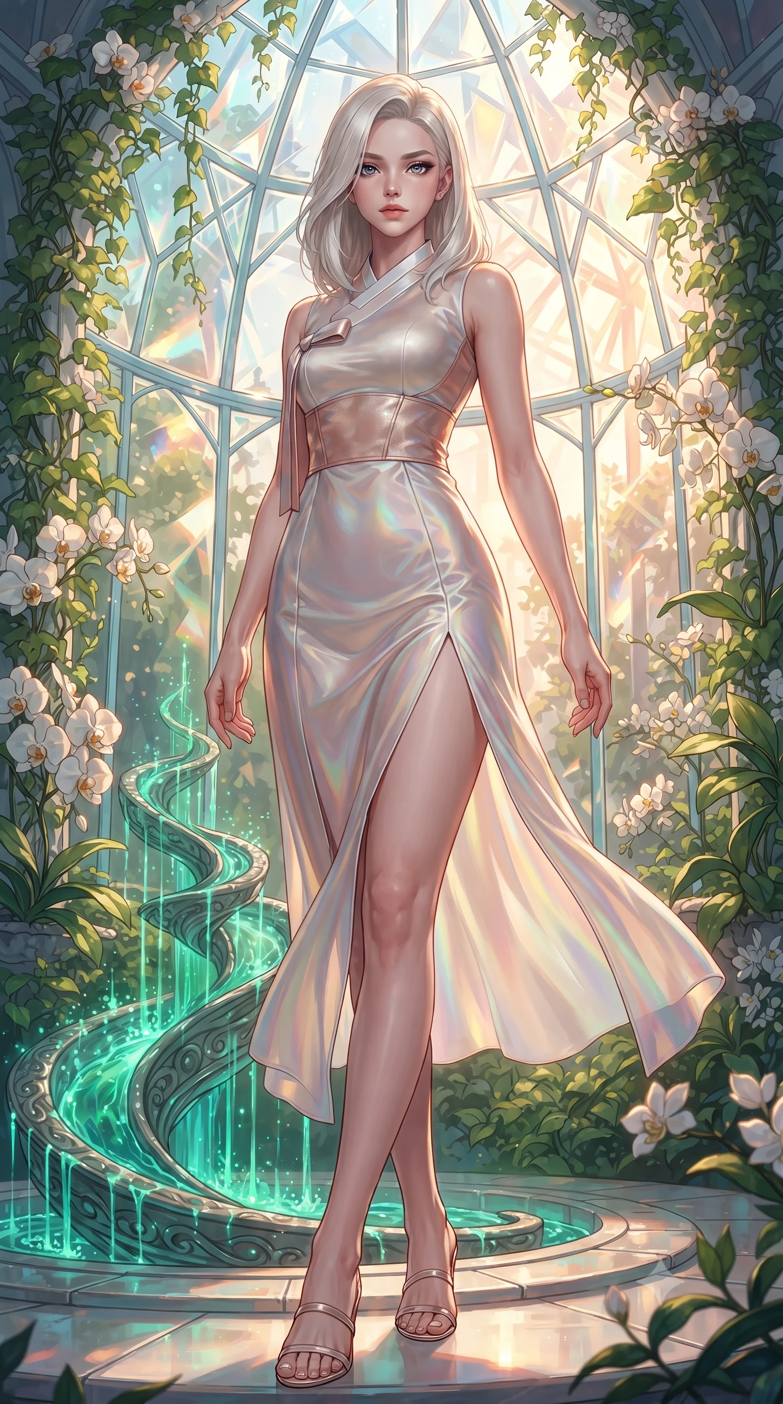 score_9, masterpiece, best quality, ultra-detailed, high-budget anime keyframe, editorial fashion photography, tasteful artistic composition, Caucasian woman. low angle full-body shot from head to toe showing her feet, filling the entire 9:16 vertical frame with her statuesque presence, stretching her vertical silhouette. stepping forward with proud posture, filling the vertical frame with her magnetic presence standing by a hydro-flow spiral fountain flowing with bioluminescent emerald sap, lush green vines and white orchids framing the bright architectural backdrop. She has an absolutely perfect, statuesque 8.5-heads proportion, an exceptionally tall and slender model-like female figure with impossibly long slender legs and an ultra-slim waist. sharp v-shaped jawline, high-bridge nose, intricate jewel-like eyes with depth, thick eyelashes, glossy lips with a natural sheen. wearing a modern fusion silk hanbok dress with a structured bodice in pearl white and rose gold, crafted from iridescent chiffon that shifts colors in the light, finished with a sleek side slit ascending to mid-thigh, the sleek second-skin texture accentuating her magnetic presence. lit by warm golden-hour rays cascading through crystalline glass panes. highly saturated vibrant anime colors, detailed shading with soft gradients, rich glossy textures, high-contrast stereoscopic depth, volumetric dynamic lighting, master piece, 9:16 ratio