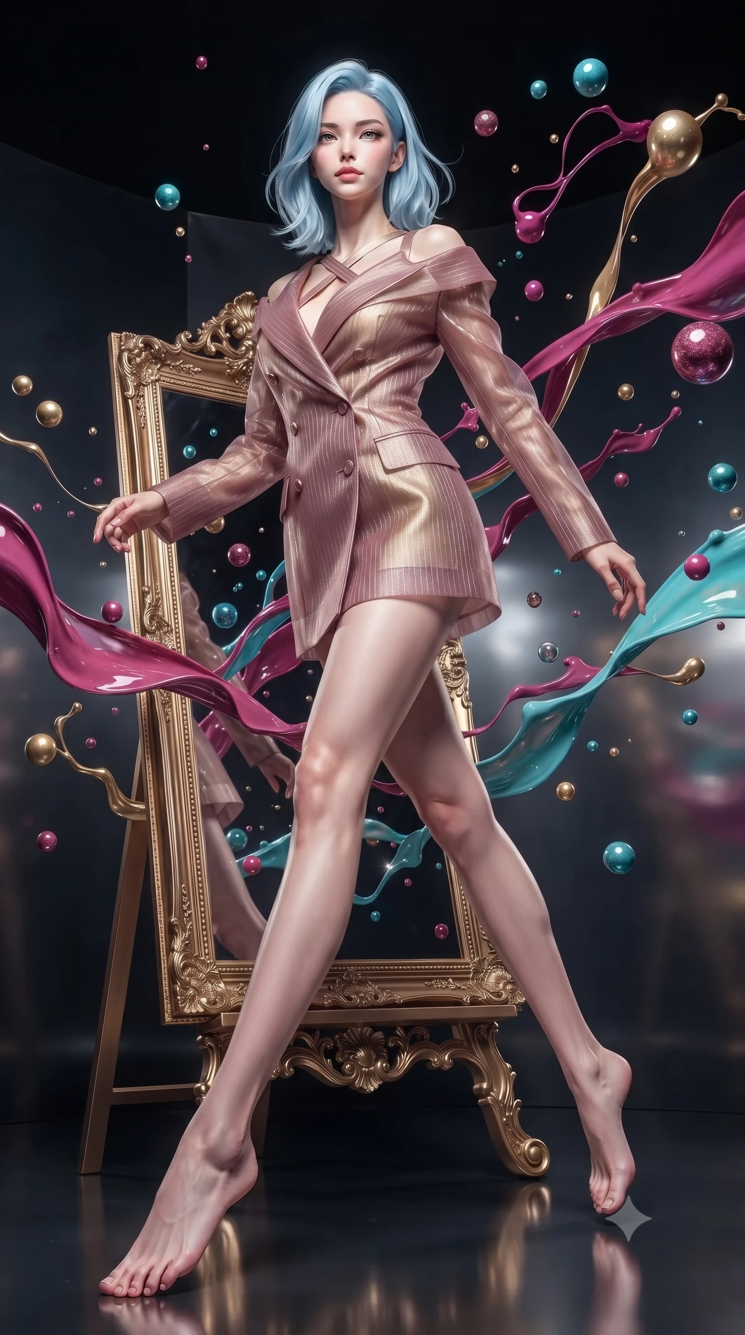 score_9, masterpiece, best quality, ultra-detailed, high-budget anime keyframe, editorial fashion photography, tasteful artistic composition, Korean woman. low angle full-body shot from head to toe showing her feet, filling the entire 9:16 vertical frame with her statuesque presence, stretching her vertical silhouette. leaping gracefully through the environment with statuesque elegance and long slender legs leaning against a mirrored easel surrounded by suspended pigment spheres, swirling ribbons of magenta, turquoise, and gold liquid paint in zero-gravity. She has an absolutely perfect, statuesque 8.5-heads proportion, an exceptionally tall and slender model-like female figure with impossibly long slender legs and an ultra-slim waist. sharp v-shaped jawline, high-bridge nose, intricate jewel-like eyes with depth, thick eyelashes, glossy lips with a natural sheen. wearing a double-breasted blazer dress with metallic pin-stripes in dusty rose and champagne gold, woven from fine semi-opaque sheer organza, complemented by criss-cross back straps highlighting her bare shoulders, the elegant draped fit framing her graceful clavicle and slender torso. bathed in high-contrast vibrant studio lighting with sharp specular highlights. ultra-reflective glossy finish, specular highlights, metallic sheen, high-contrast stereoscopic depth, volumetric dynamic lighting, 2k, ultra detail, master piece, 9:16 ratio