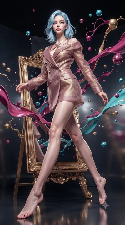 score_9, masterpiece, best quality, ultra-detailed, high-budget anime keyframe, editorial fashion photography, tasteful artistic composition, Korean woman. low angle full-body shot from head to toe showing her feet, filling the entire 9:16 vertical f