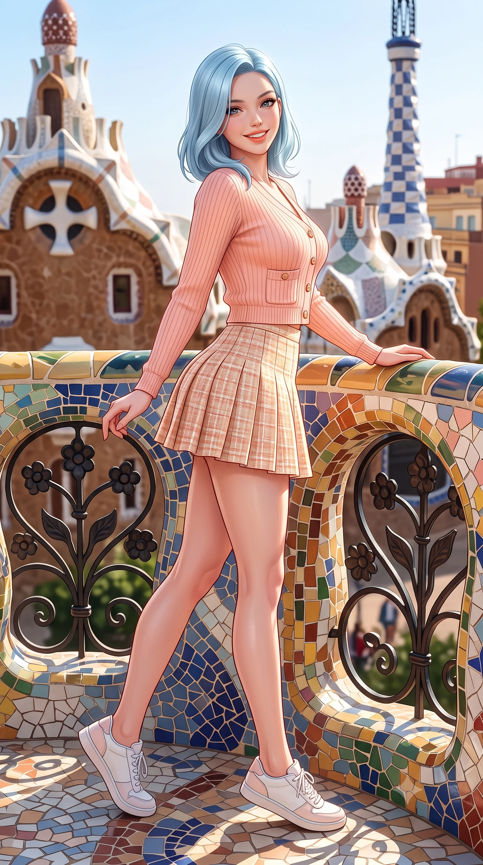 score_9, masterpiece, best quality, ultra-detailed, high-budget anime keyframe, semi-realistic 3D game render, editorial fashion photography, tasteful artistic composition, Korean woman. low angle full-body shot from head to toe showing her feet, filling the entire 9:16 vertical frame with her statuesque presence, stretching her vertical silhouette. stepping forward gracefully in mid-motion with a radiant beaming smile, hips swaying in an alluring kinetic rhythm that accentuates her curvy hourglass silhouette and long slender legs while leaning against the colorful Gaudi-style mosaic balustrade with hips cocked back, looking over her shoulder with an alluring, coquettish gaze. The surrounding environment is rendered in vivid detail and crisp panoramic clarity. sharp ceramic mosaic glaze reflections, wrought-iron floral scrollwork, and balcony floor tiles in deep focus. She has an exceptionally tall and slender model-like 8.5-heads proportion, an ultra-slim waist, a flat toned midriff, narrow delicate ribcage, and beautifully sculpted feminine hips creating a graceful, slim hourglass silhouette without any bulky heaviness, with impossibly long slender legs. sharp v-shaped jawline, high-bridge nose, intricate jewel-like sparkling eyes with depth, thick eyelashes, glossy parted lips with a natural peach sheen, bright cheerful beaming smile with an enchanting and coquettish sensual glint, exuding both youthful cute charm and seductive allure, flawlessly proportioned anatomical accuracy, strict slender model proportions, natural body alignment, perfectly sculpted long slender limbs, ultra-slim waistline, clean dynamic posture without body distortion. wearing a cropped pastel ribbed knit cardigan paired with an ultra-short high-waisted pleated tennis skirt clinging tightly to her curvy hips in pastel peach blossom pink and warm champagne ivory, tailored from soft pastel tweed with subtle metallic shimmer, finished with neat front wooden buttons and delicate pocket details, the glove-like silhouette tightly following the natural contour of her hips and long slender legs with youthful 8.5-heads elegance. illuminated by warm terracotta wall bounce fill sharply defining her sculpted collarbones, ultra-slim waist, and curvy hips. highly saturated vibrant anime colors, detailed shading with soft gradients, rich glossy textures, high-contrast stereoscopic depth, volumetric dynamic lighting, master piece, 9:16 ratio
