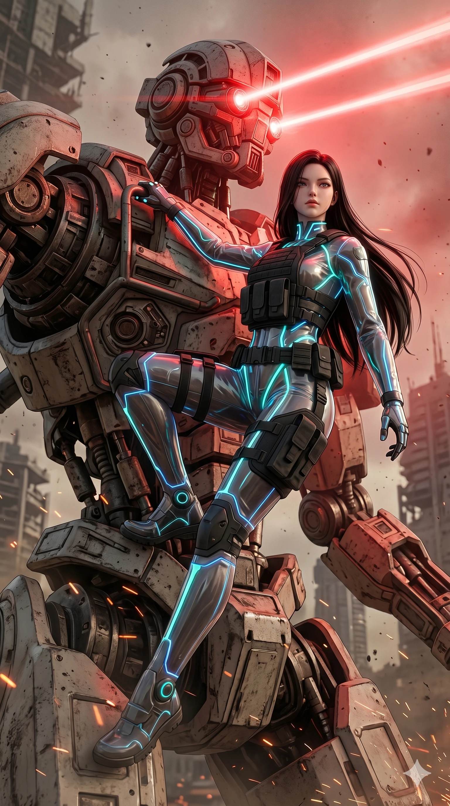 score_9, masterpiece, best quality, ultra-detailed, photorealistic 8k CG, hyper-detailed textures, ray-tracing, Korean woman. Low angle cowboy shot capturing a powerful motion and statuesque presence. climbing a colossal sentinel robot while it fires beams of red light. She has an absolutely perfect 8-heads proportion, an exceptionally tall and slender female figure with an ultra-slim waist and impossibly long slender legs. strictly human anatomy, two legs only, no extra limbs, clearly defined legs and arms, perfect anatomy, perfect hands and fingers. sharp v-shaped jawline, high-bridge nose, intricate jewel-like eyes, thick eyelashes, glossy lips. Wearing Tech-Fantasy: Cybernetic tech-suit with glowing seams, translucent PVC over leotard, and modular tactical gear. The scene is illuminated by dramatic atmospheric lighting and vibrant color palettes. , 2k, ultra detail, master piece, 9:16 ratio