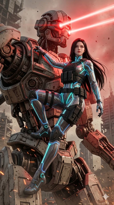 score_9, masterpiece, best quality, ultra-detailed, photorealistic 8k CG, hyper-detailed textures, ray-tracing, Korean woman. Low angle cowboy shot capturing a powerful motion and statuesque presence. climbing a colossal sentinel robot while it fires