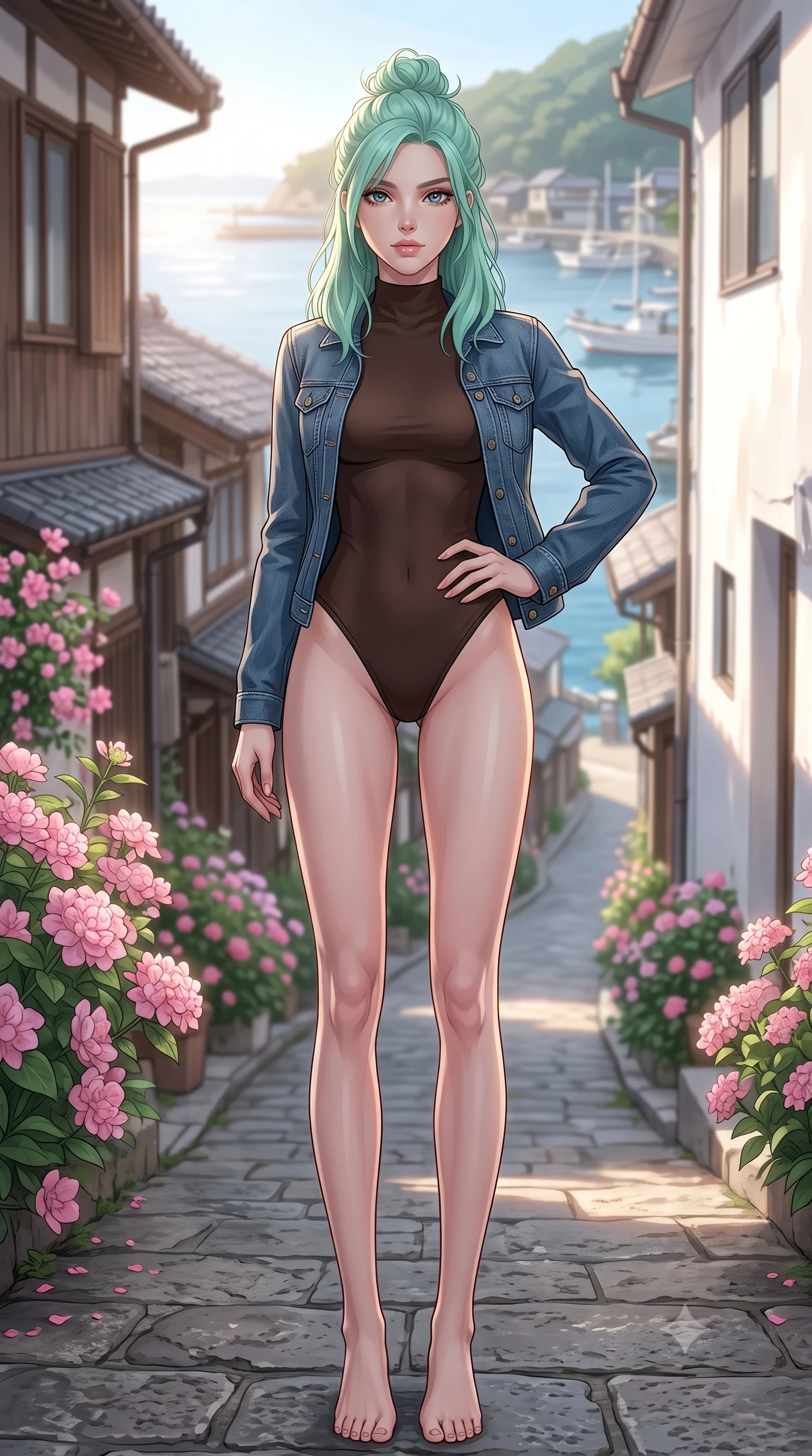 score_9, masterpiece, best quality, ultra-detailed, high-budget anime keyframe, editorial fashion photography, tasteful artistic composition, Japanese woman woman. low angle full-body shot from head to toe showing her feet, filling the entire 9:16 vertical frame with her statuesque presence, stretching her vertical silhouette. posing confidently with one hand on her hip, stretching her statuesque body to emphasize her curves the background shows a soft-focus a narrow paved street of a coastal village winding down to the harbor, lined with pink flowers. She has an absolutely perfect, statuesque 8.5-heads proportion, an exceptionally tall and slender model-like female figure with impossibly long slender legs and an ultra-slim waist. sharp v-shaped jawline, high-bridge nose, intricate jewel-like eyes with depth, thick eyelashes, glossy lips with a natural sheen. wearing a body-hugging form-contouring high-neck bodysuit in dark brown, worn under a tailored open denim jacket. sunlight reflecting off white plaster walls, creating a bright fill light. 2k, ultra detail, master piece, 9:16 ratio