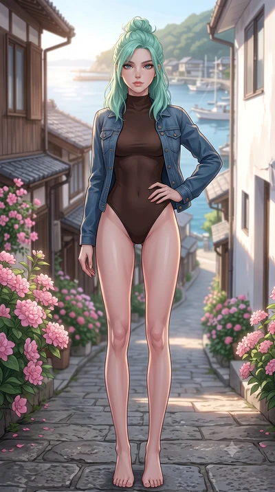 score_9, masterpiece, best quality, ultra-detailed, high-budget anime keyframe, editorial fashion photography, tasteful artistic composition, Japanese woman woman. low angle full-body shot from head to toe showing her feet, filling the entire 9:16 ve