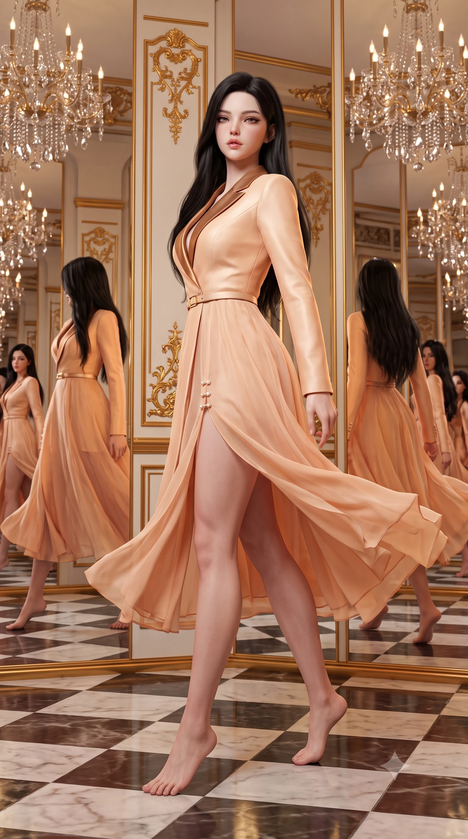 score_9, masterpiece, best quality, ultra-detailed, high-budget anime keyframe, semi-realistic 3D game render, editorial fashion photography, tasteful artistic composition, Korean woman. low angle full-body shot from head to toe showing her feet, filling the entire 9:16 vertical frame with her statuesque presence, stretching her vertical silhouette. executing an elegant mid-motion pivot turn as garments swirl around her slender limbs, glancing over her shoulder with an intoxicating bedroom-gaze while gliding down the mirror-lined corridor with supermodel momentum, pivoting gracefully as infinite reflections multiply her curvy silhouette. The surrounding environment is rendered in vivid detail and crisp panoramic clarity. sharp gilded rococo scrollwork, cut crystal chandelier facets, and checkerboard marble floor reflections in deep focus. She has an absolutely perfect, statuesque 8.5-heads proportion, an exceptionally tall and slender model-like female figure with impossibly long slender legs, a toned flat midriff, an ultra-slim waist, and beautifully sculpted feminine hips. sharp v-shaped jawline, high-bridge nose, intricate jewel-like eyes with depth, thick eyelashes, glossy parted lips with a natural sheen, intensely captivating and seductive bedroom-eyes expression, flawlessly proportioned anatomical accuracy, strict slender model proportions, natural body alignment, perfectly sculpted long slender limbs, ultra-slim waistline, clean dynamic posture without body distortion. wearing a tailored pastel tuxedo jacket dress with silk satin lapels and a slim gold-buckle belt in warm apricot silk and liquid bronze, woven from layered gossamer chiffon with a weightless sweeping drape, finished with an ultra-high side slit secured by miniature rococo pearl clasps, the second-skin form-contouring cut accentuating her sculpted flat midriff, narrow waistline, and dramatically curvy hips without adding bulk. surrounded by an aristocratic, scandalous, and breathlessly mesmerizing imperial duchess aura. highly saturated vibrant anime colors, detailed shading with soft gradients, rich glossy textures, high-contrast stereoscopic depth, volumetric dynamic lighting, master piece, 9:16 ratio