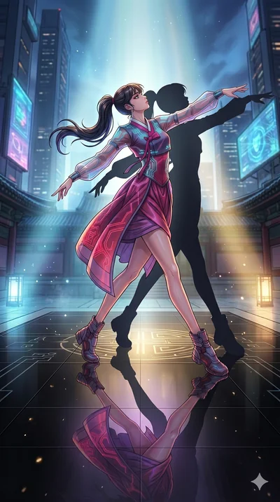 score_9, masterpiece, best quality, ultra-detailed, high-budget anime movie keyframe, cinematic anime lighting, intricate line art, Korean woman. Dynamic full-body shot stretching the vertical silhouette with extreme perspective. dancing with her own