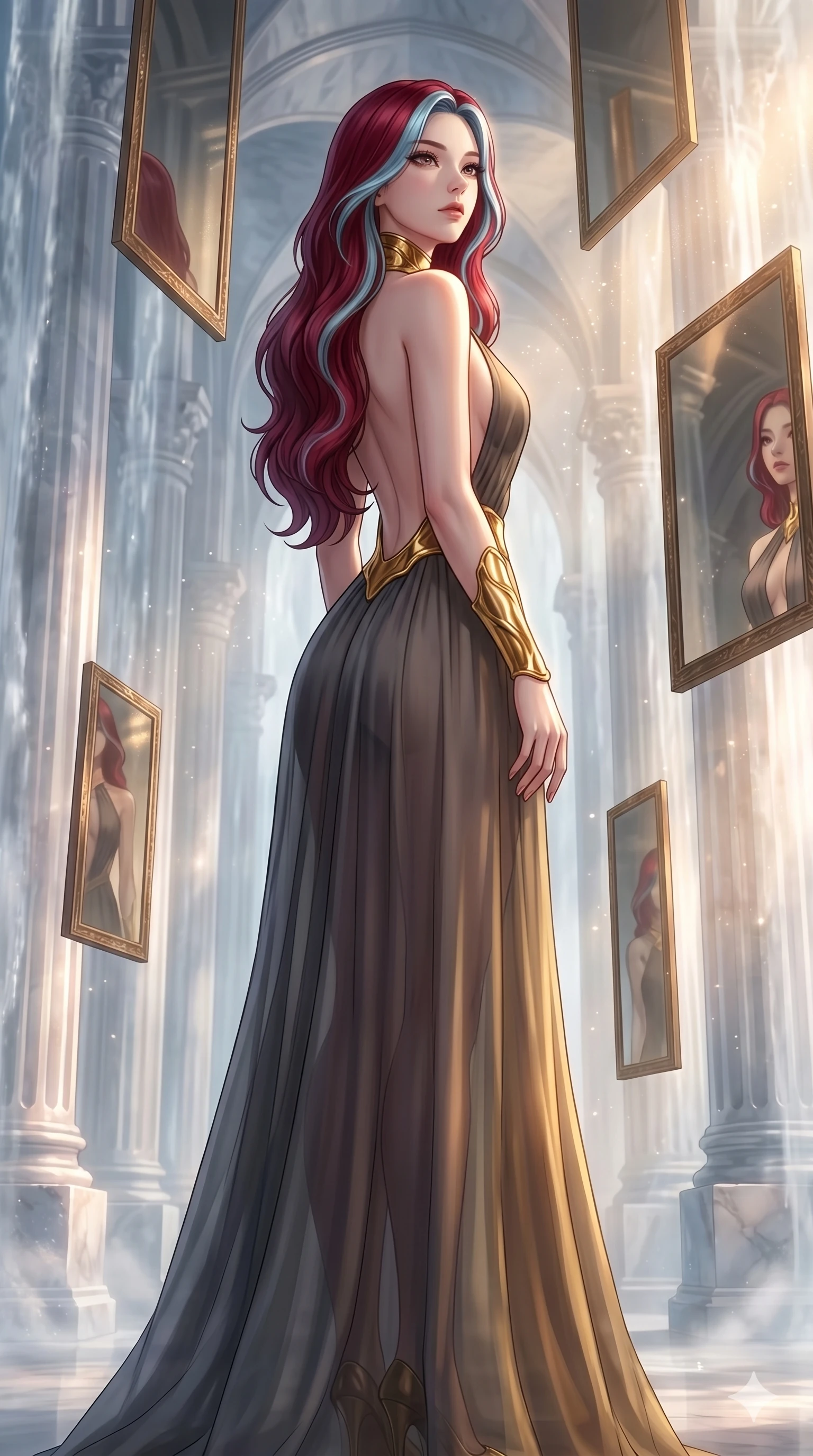 score_9, masterpiece, best quality, ultra-detailed, high-budget anime keyframe, Korean woman. low angle full-body shot filling the entire 9:16 frame with her statuesque presence, stretching the vertical silhouette. wandering through a mirage cloud cathedral of translucent marble and water mist, surrounded by floating ancient bronze mirror walls. She has an absolutely perfect 8-heads proportion, an exceptionally tall and slender female figure with impossibly long slender legs and an ultra-slim waist. V-shaped jawline, high-bridge nose, intricate jewel-like eyes with depth, thick eyelashes, glossy lips with a natural sheen.. wearing a molten gold and chiffon gown, featuring organic liquid gold collar and cuffs on a translucent charcoal-gray halter neck chiffon gown with a deep backless design. illuminated by dramatic chiaroscuro casting soft shadows along her curves, with vibrant backlighting highlighting the dust particles. 2k, ultra detail, master piece, 9:16 ratio