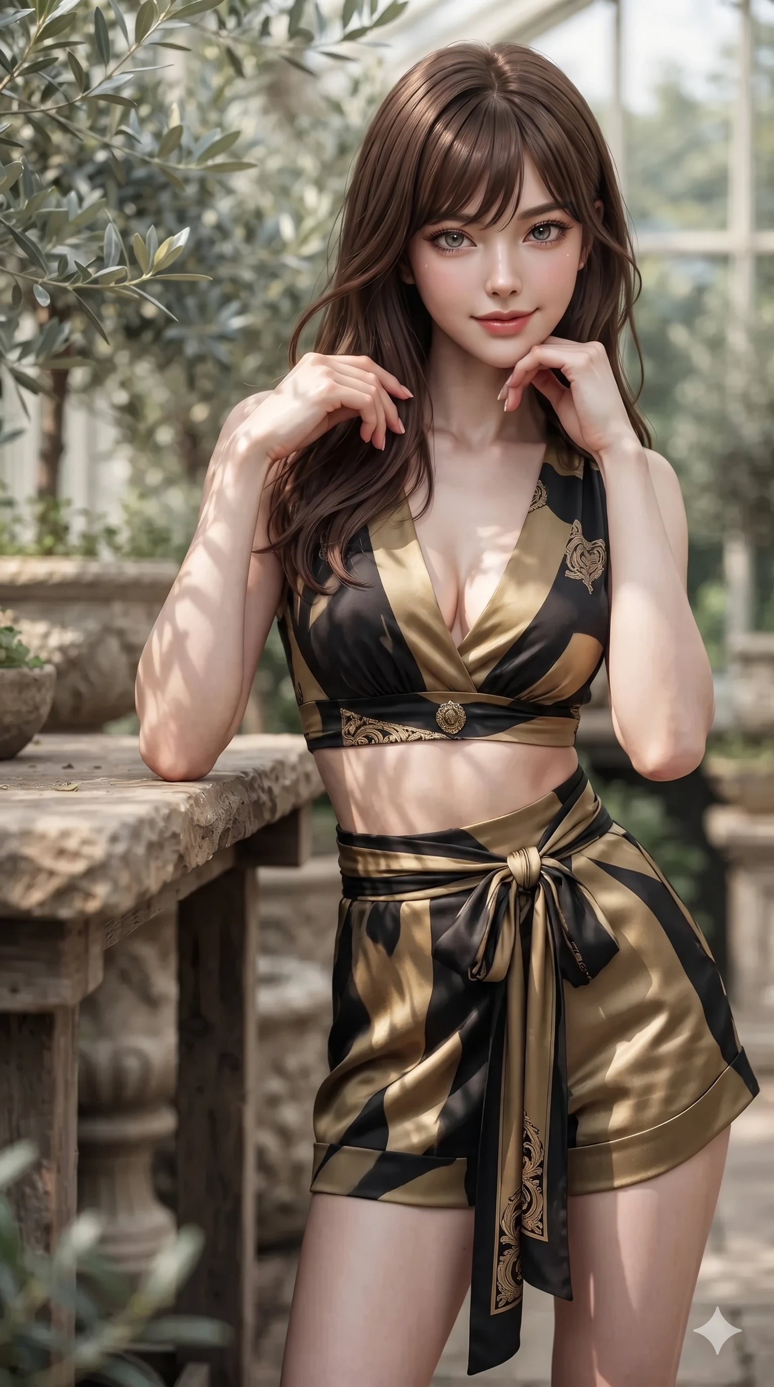 score_9, masterpiece, best quality, ultra-detailed, high-budget anime keyframe, editorial fashion photography, tasteful artistic composition, Korean woman. close-up cowboy shot from the waist and thighs up, the character dominates the composition, filling the frame with her large presence. resting one elbow on the potting bench and supporting her chin, leaning close to the camera with heavy-lidded sparkling eyes and parted lips while twisting her slender torso in an alluring contrapposto stance, silvery olive leaf shadows dancing across her flat midriff and hips. The background shows a soft-focus silvery olive foliage, carved Renaissance stone planters, and glass conservatory walls blurred into olive green, silver, and cream bokeh. She has an exceptionally elegant, slender, and willowy female figure with an ultra-slim waist, flat toned midriff, narrow ribcage, and sculpted feminine hips creating an alluring, slim hourglass silhouette without bulk. sharp v-shaped jawline, high-bridge nose, sparkling eyes with hypnotic seductive depth, thick curled eyelashes, glossy parted lips with a natural dewy peach sheen, alluring bedroom-eyes with an enchanting coquettish smile, exuding magnetic siren charisma and sophisticated glamour, flawlessly proportioned anatomical accuracy, strict slender model proportions, natural body alignment, perfectly sculpted long slender limbs, ultra-slim waistline, clean dynamic posture without body distortion. wearing a deep V-neck linen crop top paired with high-waisted wrap shorts and a matching sash in dual-tone high-contrast gold-and-black monochrome, tailored from heavy double-faced silk georgette with an exceptionally fluid drape, finished with an authentic engraved gold medallion and obsidian cabochons, the bespoke structured tailoring following the natural line of her 8.5-heads silhouette with refined elegance. illuminated by limestone flagstone bounce and sharp silver-olive rim lights sculpting her razor-sharp jawline, narrow waist, and curvy hips. ultra-reflective glossy finish, specular highlights, rich textural contrasts, high-contrast stereoscopic depth, volumetric dynamic lighting, 2k, ultra detail, master piece, 9:16 ratio