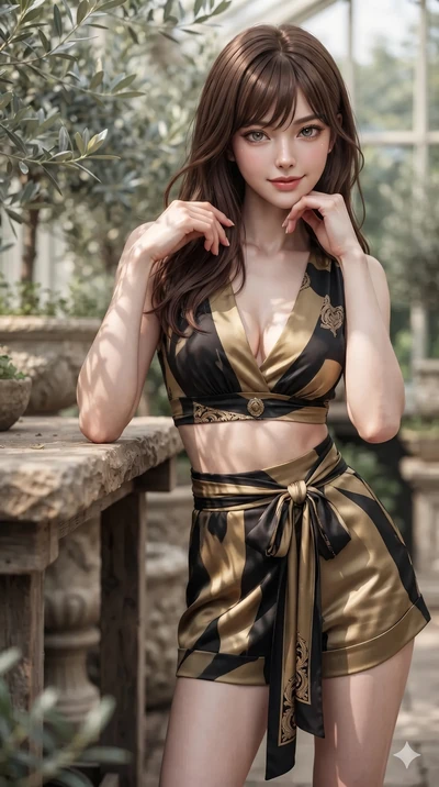 Korean woman. resting one elbow on the potting bench and supporting her chin, leaning close to the camera with heavy-lidded sparkling eyes and parted lips while twisting her slender torso in an alluring contrapposto stance, silvery olive leaf shadows dancing across her flat midriff and hips. The background shows a soft-focus silvery olive...