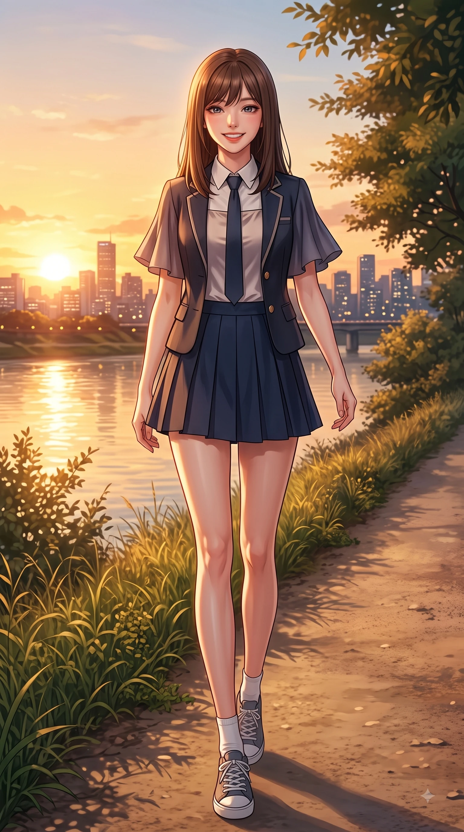 score_9, masterpiece, best quality, ultra-detailed, high-budget anime keyframe, editorial fashion photography, tasteful artistic composition, Korean woman. low angle full-body shot from head to toe showing her feet, filling the entire 9:16 vertical frame with her statuesque presence, stretching her vertical silhouette. walking forward in a proud dynamic stride with a cheerful beaming smile, her vertical silhouette filling the frame while resting on her knees on the lush grass with a joyful, beaming expression as warm sunset light warms her face. The surrounding environment is rendered in vivid detail and crisp panoramic clarity. scenic riverside walking paths and twinkling city skyline outlines in rich clarity. She has an absolutely perfect, statuesque 8.5-heads proportion, an exceptionally tall and slender model-like female figure with impossibly long slender legs and an ultra-slim waist. sharp v-shaped jawline, high-bridge nose, intricate jewel-like eyes with depth, thick eyelashes, glossy lips with a natural sheen, flawlessly proportioned anatomical accuracy, natural body alignment, perfectly sculpted elegant limbs, clean dynamic posture without body distortion. wearing a preppy academy blazer over a crisp collared shirt, navy pleated skirt, and a slim necktie in warm coral pink and champagne ivory, crafted from smooth fluid silk satin, featuring elegant flutter sleeves and a graceful square neckline, the chic real-way fashion cut emphasizing her effortless charm. bathed in glorious golden hour sunset sunbeams and warm amber sky radiance. highly saturated vibrant anime colors, detailed shading with soft gradients, rich glossy textures, high-contrast stereoscopic depth, volumetric dynamic lighting, master piece, 9:16 ratio