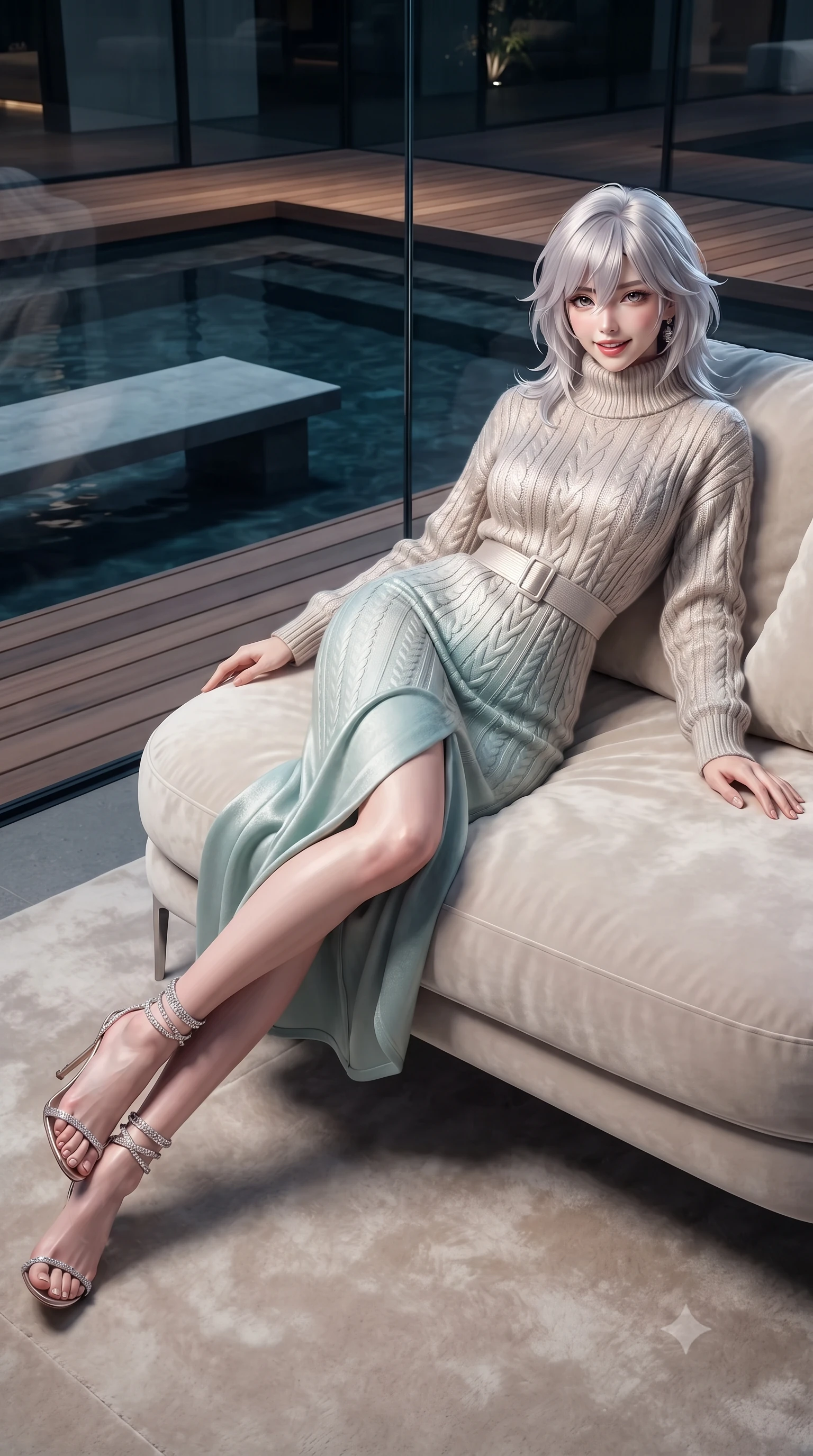 score_9, masterpiece, best quality, ultra-detailed, high-budget anime keyframe, editorial fashion photography, tasteful artistic composition, Japanese woman. low angle full-body shot from head to toe showing her feet, filling the entire 9:16 vertical frame with her statuesque presence, stretching her vertical silhouette. reclining gracefully across the plush chaise lounge with one leg extended, her sculpted silhouette and flat midriff radiating magnetic nocturnal glamour while sitting gracefully on the submerged pool bench with legs crossed, flashing a radiant, playful smile with parted glossy lips. The surrounding environment is rendered in vivid detail and crisp panoramic clarity: sharp frameless glass corner bevels, natural aromatic cedar planking grain, and still dark peat water ripples in deep focus. She has an exceptionally tall and slender model-like 8.5-heads proportion, an ultra-slim waist, a flat toned midriff, narrow delicate ribcage, and beautifully sculpted feminine hips creating a graceful, slim hourglass silhouette without any bulky heaviness, with impossibly long slender legs. sharp v-shaped jawline, high-bridge nose, intricate jewel-like sparkling eyes with depth, thick eyelashes, glossy parted lips with a natural peach sheen, bright cheerful beaming smile with an enchanting and coquettish sensual glint, exuding both youthful cute charm and seductive allure, flawlessly proportioned anatomical accuracy, strict slender model proportions, natural body alignment, perfectly sculpted long slender limbs, ultra-slim waistline, clean dynamic posture without body distortion. wearing an elegant high-collar Nordic merino wool cable-knit sweater dress with belted waistline in Deauville Belle Époque champagne luster and seafoam pearl, tailored from ultra-plush silk velvet with rich tactile depth and deep shadow gradients, complemented by strappy stiletto sandals with crystal ankle wraps accentuating her slender calves, the impeccably tailored cut draping gracefully along her slender figure with aristocratic poise. illuminated by loch water reflection bounce and sharp platinum-cyan rim lights defining her dewy collarbones, ultra-slim waist, and curvy hips. ultra-reflective glossy finish, specular highlights, rich textural contrasts, high-contrast stereoscopic depth, volumetric dynamic lighting, 2k, ultra detail, master piece, 9:16 ratio