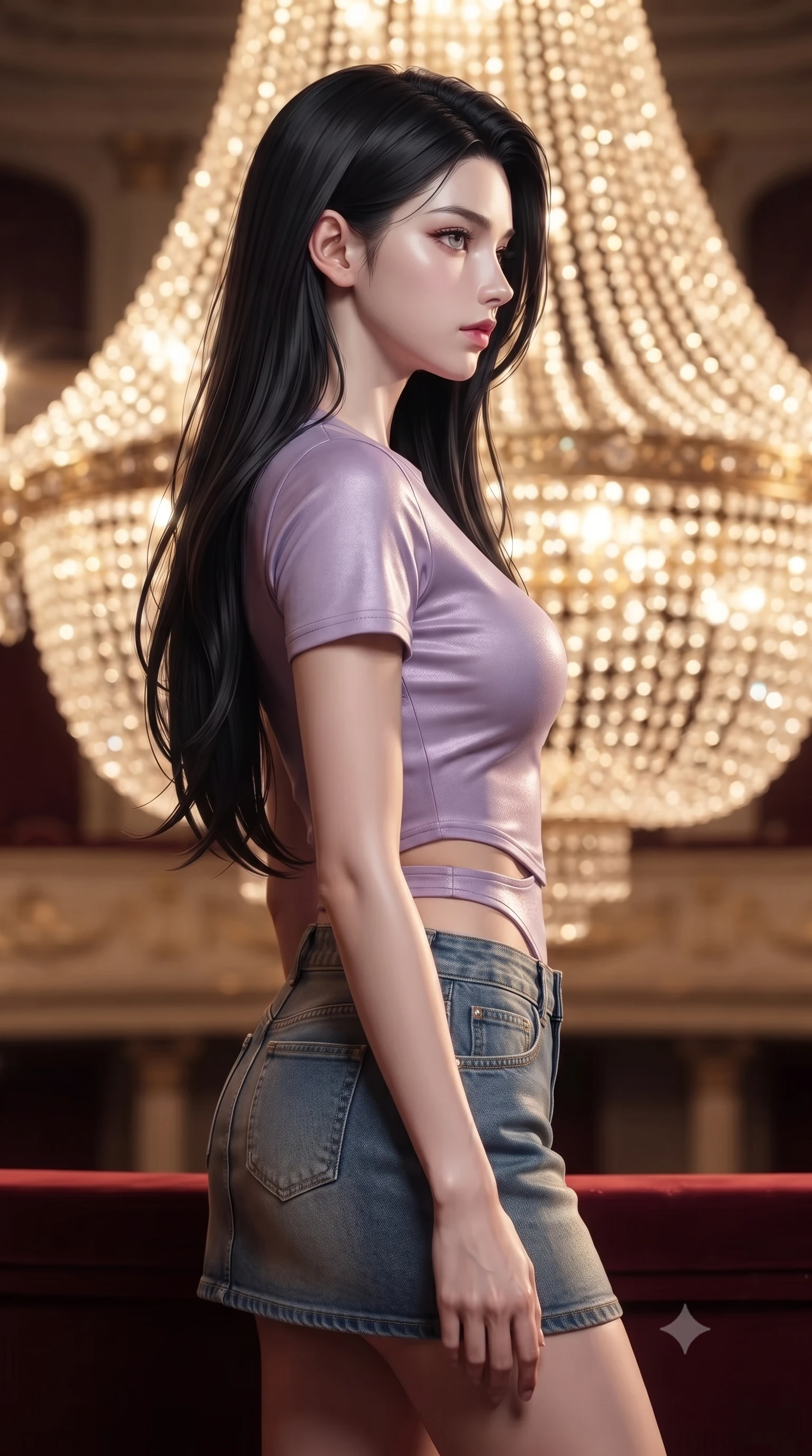 score_9, masterpiece, best quality, ultra-detailed, high-budget anime keyframe, editorial fashion photography, tasteful artistic composition, Korean woman. close-up cowboy shot from the waist and thighs up, the character dominates the composition, filling the frame with her large presence, background elements kept in soft focus. turning her face in sharp profile, casting a cold, mysterious, yet intensely alluring side gaze, the background shows a soft-focus an opera box balcony facing a massive crystal chandelier in soft focus. She has an exceptionally elegant, slender, and willowy female figure with an ultra-slim waist, a gracefully sculpted slender torso, and a refined silhouette. sharp v-shaped jawline, high-bridge nose, intricate jewel-like eyes with depth, thick eyelashes, glossy lips with a natural sheen. wearing a tailored modern crop top in lavender cotton paired with a low-rise denim skirt and a subtle waist cut-out. dazzling light reflections from the crystal beads, wrapping her in a warm glow. ultra-reflective glossy finish, specular highlights, metallic sheen, high-contrast stereoscopic depth, volumetric dynamic lighting, 2k, ultra detail, master piece, 9:16 ratio