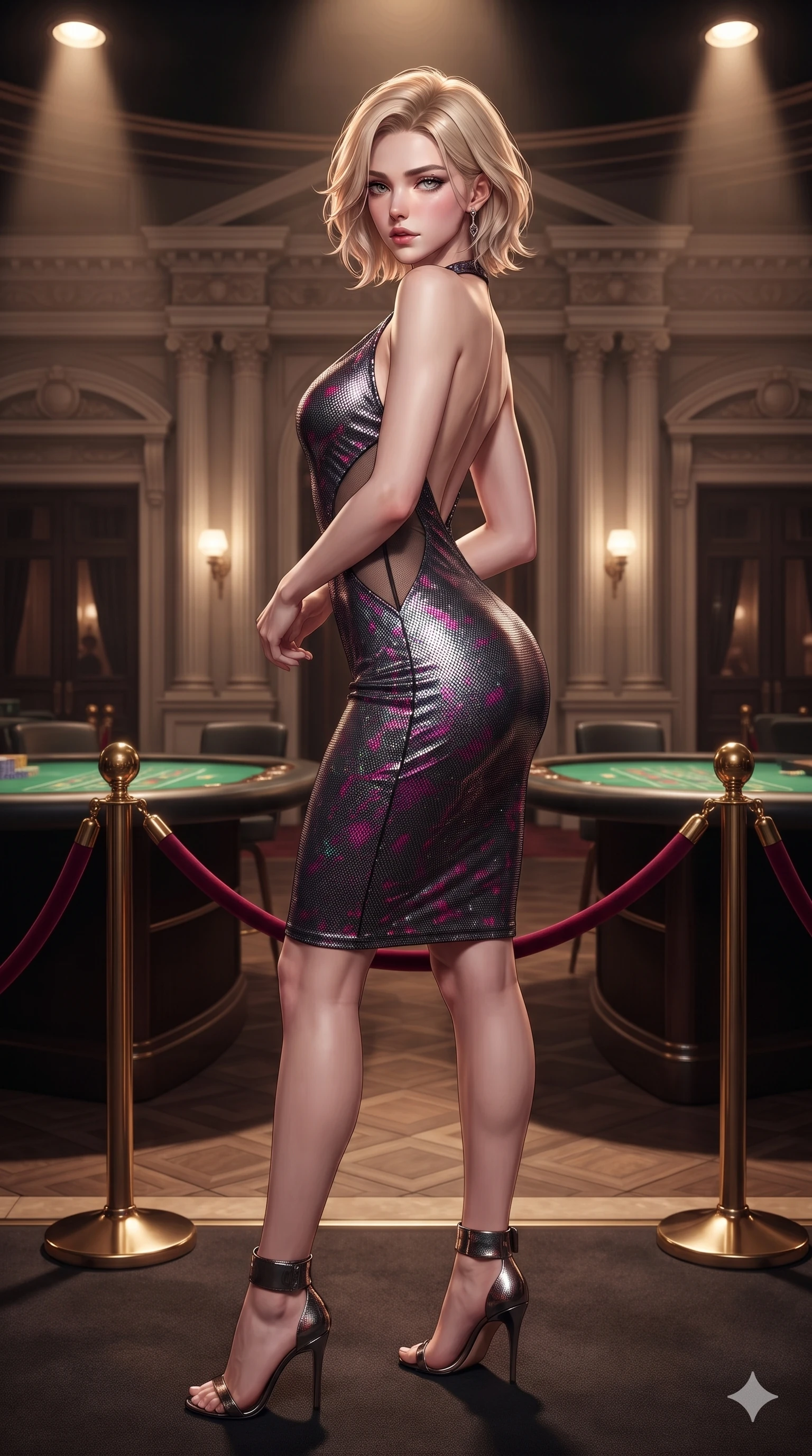 score_9, masterpiece, best quality, ultra-detailed, high-budget anime keyframe, editorial fashion photography, tasteful artistic composition, Caucasian woman. close-up cowboy shot from the waist and thighs up, the character dominates the composition, filling the frame with her large presence. twisting her slender torso in a deep contrapposto stance, hips dramatically shifted to accentuate her feminine curves while looking past her shoulder with smoldering bedroom-eyes while standing tall beside the velvet-rope VIP salon entrance, arching her spine with sovereign high-society grace as she casts a sultry gaze. The surrounding environment is rendered in vivid detail and crisp panoramic clarity: detailed backless velvet halter gown drape, deep plunging neckline, and classical European casino architecture in razor-sharp precision. She has an exceptionally elegant, slender, and willowy female figure with an ultra-slim waist, flat toned midriff, narrow ribcage, and sculpted feminine hips creating an alluring, slim hourglass silhouette without bulk. sharp v-shaped jawline, high-bridge nose, intricate jewel-like dark sparkling eyes with dangerous depth, thick curled eyelashes, glossy parted lips with a rich wine sheen, smoldering seductive half-smile with bedroom-eyes, exuding effortless superiority and intoxicating dark allure, flawlessly proportioned anatomical accuracy, strict slender model proportions, natural body alignment, perfectly sculpted long slender limbs, ultra-slim waistline, clean dynamic posture without body distortion. wearing an alluring plunging sweetheart bodice dress with sheer mesh side-waist cutouts contouring her ribs in wet asphalt charcoal and neon magenta reflections, crafted from stretch micro-mesh with metallic foil coating that shimmers in the city night lights, complemented by strappy stiletto heels with metallic ankle cuffs accentuating her slender calves, the glove-like silhouette tightly following the natural contour of her hips and long slender legs with youthful 8.5-heads elegance. bathed in warm, focused pin-spot lighting over the green gaming tables contrasted with intimate ambient shadows. ultra-reflective glossy finish, specular highlights, rich textural contrasts, high-contrast stereoscopic depth, volumetric dynamic lighting, 2k, ultra detail, master piece, 9:16 ratio