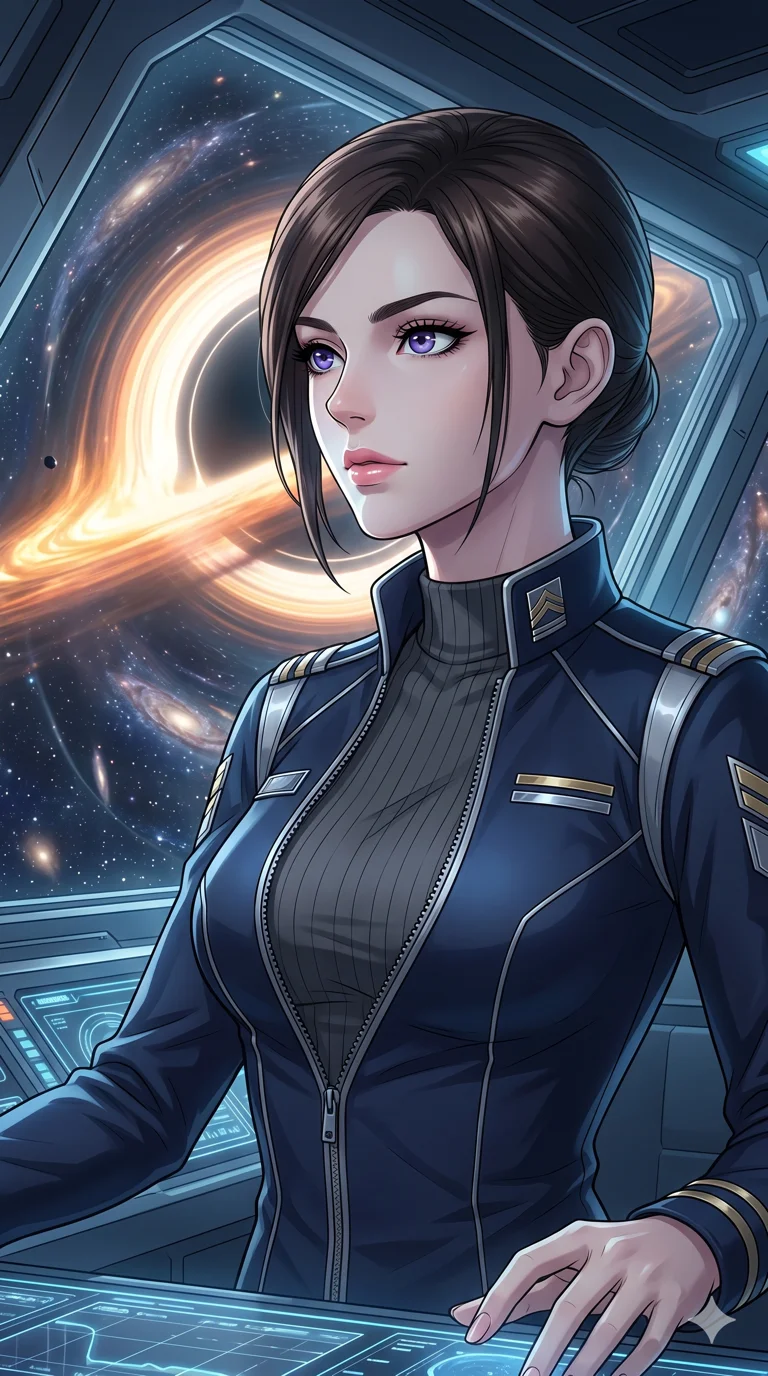 score_9, masterpiece, best quality, ultra-detailed, high-budget anime keyframe, an incredibly beautiful Caucasian woman (strictly human ears). Medium shot of upper body focusing on her alluring features and slim-fit silhouette, filling the vertical 9:16 frame. She is a void captain looking out of a crystalline cockpit into a massive black hole. She has an absolutely perfect 8-heads proportion, an exceptionally tall and slender build emphasizing a delicate skinny aesthetic. Her face is a flawless masterpiece with a sharp v-shaped jawline, high-bridge nose, expressive jewel-like eyes, thick eyelashes, and perfectly glossy lips. She is wearing a sleek futuristic uniform unzipped deeply. A breathtaking view of a distortion field and swirling stars, cinematic lighting., 2k, ultra detail, master piece, 9:16 ratio