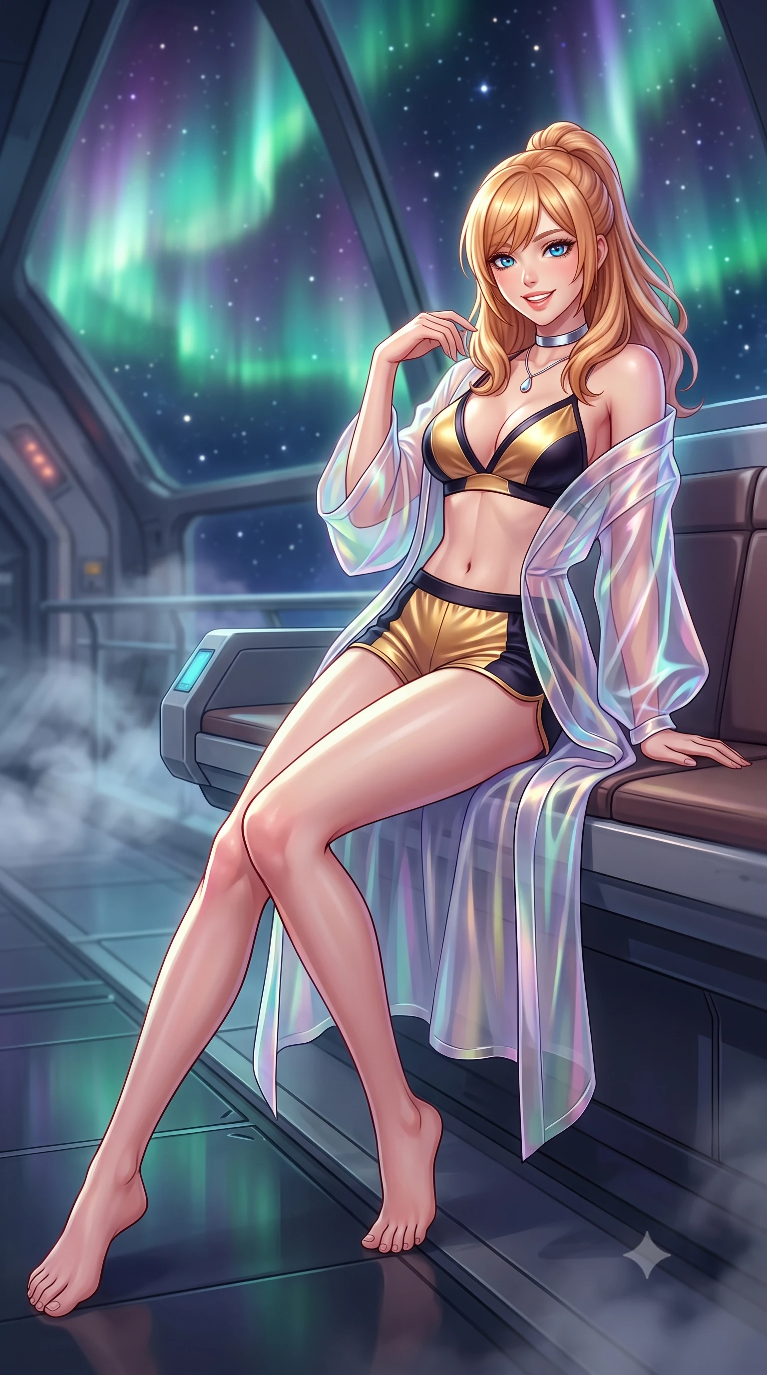 score_9, masterpiece, best quality, ultra-detailed, high-budget anime keyframe, semi-realistic 3D game render, editorial fashion photography, tasteful artistic composition, Caucasian woman. low angle full-body shot from head to toe showing her feet, filling the entire 9:16 vertical frame with her statuesque presence, stretching her vertical silhouette. stepping forward in a confident stride, her long slender legs and curvaceous hips creating a dynamic, sweeping vertical line while lounging gracefully across the observation pod seat propped on one elbow with legs extended, displaying her long slender limbs and statuesque hourglass silhouette against the cosmos. The background shows a soft-focus faint cabin pressurization vapor softened in orbital space station catwalk shallow focus. She has an exceptionally tall and slender model-like 8.5-heads proportion, an ultra-slim waist, a flat toned midriff, narrow delicate ribcage, and beautifully sculpted feminine hips creating a graceful, slim hourglass silhouette without any bulky heaviness, with impossibly long slender legs. sharp v-shaped jawline, high-bridge nose, intricate jewel-like sparkling eyes with depth, thick eyelashes, glossy parted lips with a natural peach sheen, bright cheerful beaming smile with an enchanting and coquettish sensual glint, exuding both youthful cute charm and seductive allure, flawlessly proportioned anatomical accuracy, strict slender model proportions, natural body alignment, perfectly sculpted long slender limbs, ultra-slim waistline, clean dynamic posture without body distortion. wearing a translucent iridescent organza kimono robe slipping off bare shoulders over a matching satin micro-bralette and shorts in singularity accretion gold and deep space void black, made of fluid liquid jersey with seamless sculpting hold and smooth contours, finished with a minimalist chrome choker and a single teardrop diamond pendant, the bespoke structured tailoring following the natural line of her 8.5-heads silhouette with refined elegance. bathed in iridescent green and purple polar aurora luminescence mixed with crisp white starlight. highly saturated vibrant anime colors, detailed shading with soft gradients, rich glossy textures, high-contrast stereoscopic depth, volumetric dynamic lighting, master piece, 9:16 ratio