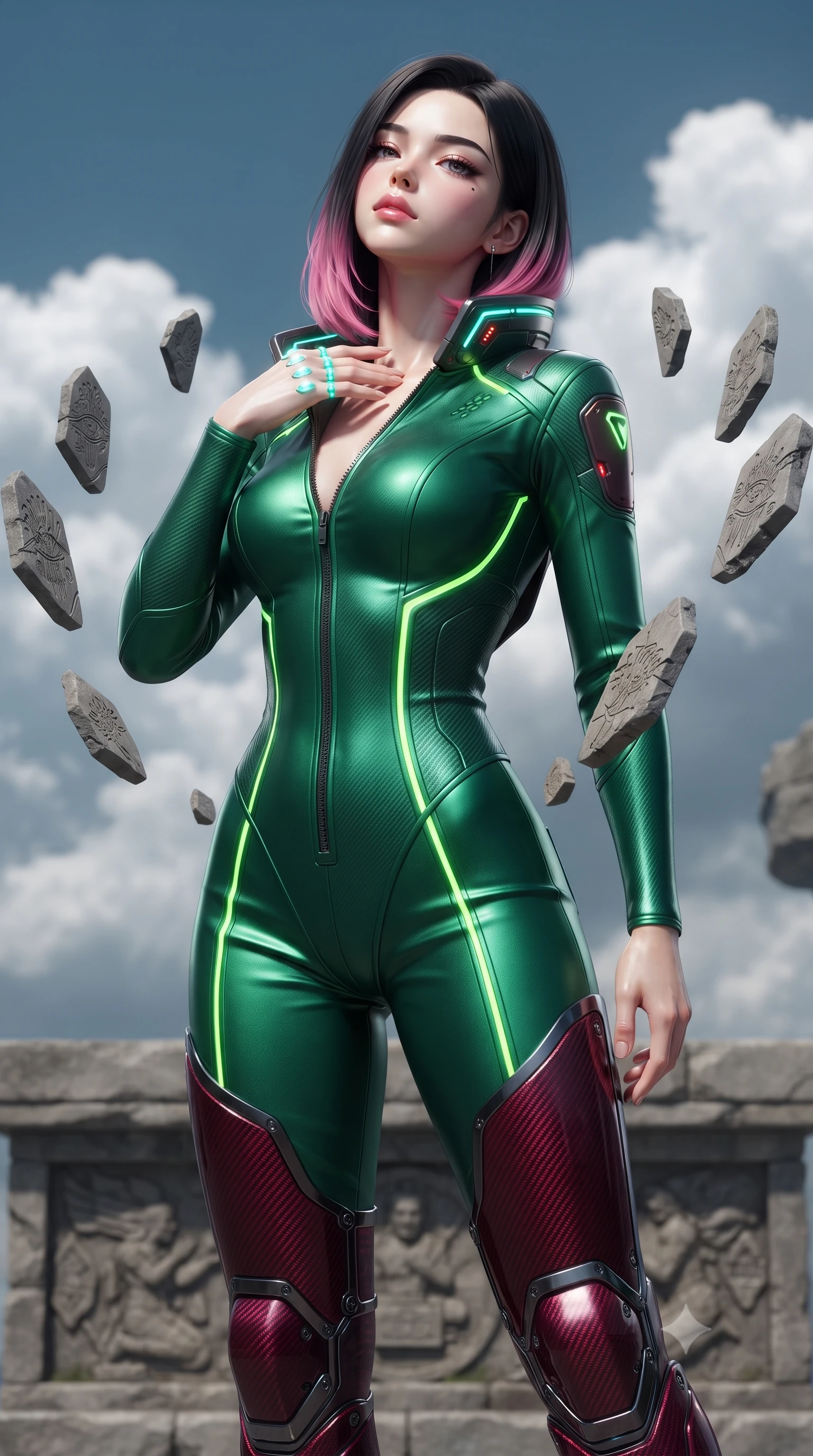 score_9, masterpiece, best quality, ultra-detailed, high-budget anime keyframe, editorial fashion photography, tasteful artistic composition, Korean woman. close-up cowboy shot from the waist and thighs up, the character dominates the composition, filling the frame with her large presence. tilting her head back with serene warrior composure, her sharp jawline and sculpted collarbones highlighted by glowing neon kinetic knuckles while resting one hand near her clavicle with calm sovereign poise as floating stone shards align around her slender silhouette. The surrounding environment is rendered in vivid detail and crisp panoramic clarity. intricate kinetic palm plate engravings, stone altar reliefs, and cloud vapor crests in high resolution. She has an exceptionally elegant, slender, and willowy female figure with an ultra-slim waist, a gracefully sculpted slender torso, toned flat midriff, and a refined slim silhouette. sharp v-shaped jawline, high-bridge nose, intricate jewel-like eyes with depth, thick eyelashes, glossy lips with a natural sheen, flawlessly proportioned anatomical accuracy, strict slender model proportions, natural body alignment, perfectly sculpted long slender limbs, ultra-slim waistline, clean dynamic posture without body distortion. wearing a tailored emerald-green carbon-fiber tactical jumpsuit with glowing lime LED channels, open cowl back, and reinforced combat shin-guards in deep crimson carbon weave with specular dark chrome accents, crafted from ultra-strong woven carbon-fiber composite with a satin luster, featuring a sleek aerodynamic collar framed by subtle glowing cybernetic status LEDs, the liquid-tight tailored fabric emphasizing every curve of her tall, slender model proportions and sculptured silhouette during dynamic movement. illuminated by crisp specular highlights tracing her sculpted flat midriff, bare spine, and slender limbs. ultra-reflective glossy finish, specular highlights, dark metallic sheen, high-contrast stereoscopic depth, volumetric dynamic lighting, 2k, ultra detail, master piece, 9:16 ratio
