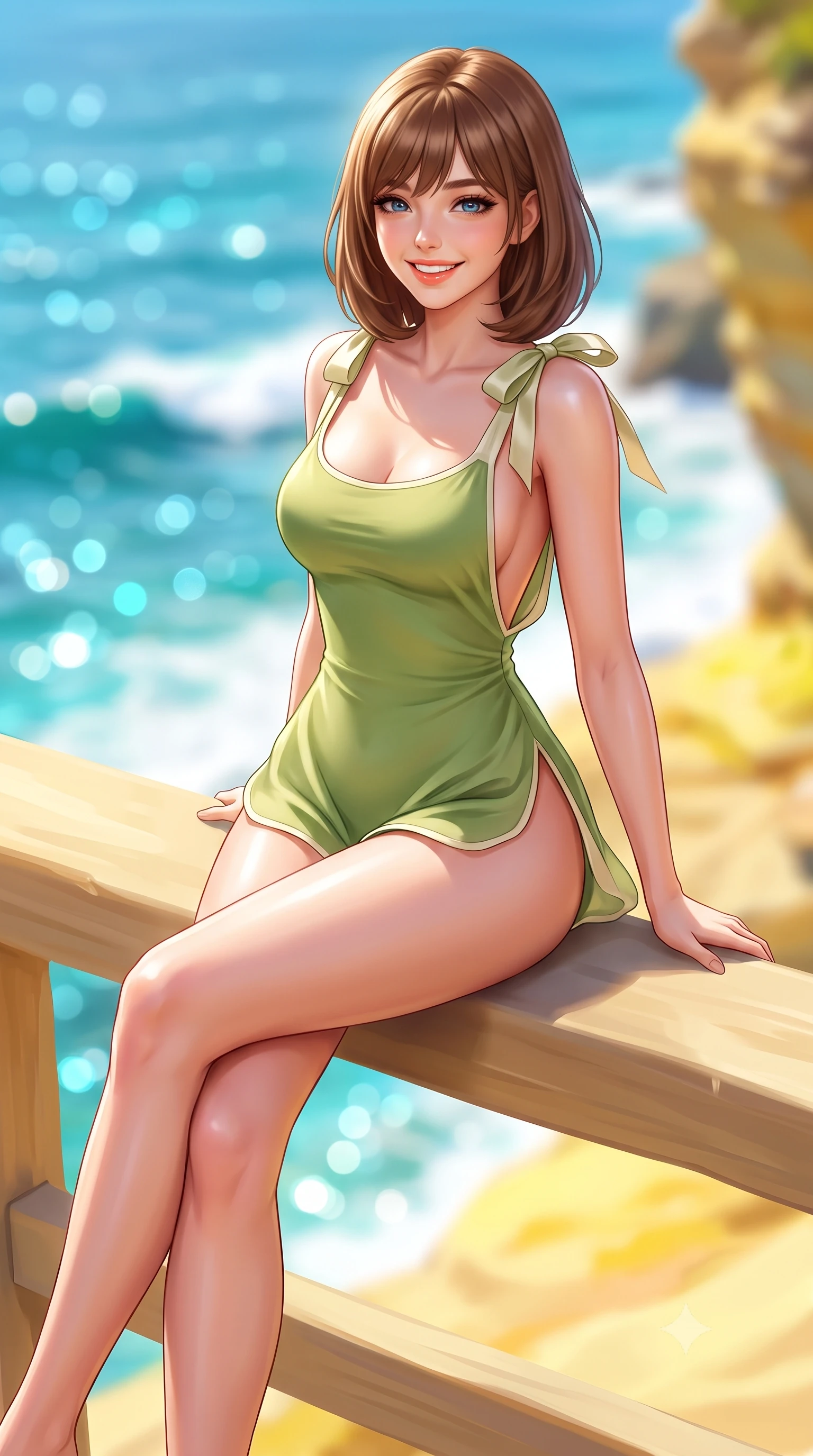 score_9, masterpiece, best quality, ultra-detailed, high-budget anime keyframe, semi-realistic 3D game render, editorial fashion photography, tasteful artistic composition, Caucasian woman. close-up cowboy shot from the waist and thighs up, the character dominates the composition, filling the frame with her large presence. leaning back against the sunlit railing with relaxed seductive grace, her flat midriff and narrow waist highlighted as she smiles brightly with bewitching eyes while sitting perched on the smooth sandstone cliff ledge with legs crossed, her toned flat midriff and curvy hips glowing in the radiant coastal sun. The composition keeps background elements in soft focus with dreamy creamy bokeh. glittering turquoise Bondi ocean waters, white breaking surf, and yellow sandstone cliffs blurred into cyan, sapphire, and gold bokeh. She has an exceptionally elegant, slender, and willowy female figure with an ultra-slim waist, flat toned midriff, narrow ribcage, and sculpted feminine hips creating an alluring, slim hourglass silhouette without bulk. sharp v-shaped jawline, high-bridge nose, intricate jewel-like sparkling eyes with depth, thick eyelashes, glossy parted lips with a natural peach sheen, bright cheerful beaming smile with an enchanting and coquettish sensual glint, exuding both youthful cute charm and seductive allure, flawlessly proportioned anatomical accuracy, strict slender model proportions, natural body alignment, perfectly sculpted long slender limbs, ultra-slim waistline, clean dynamic posture without body distortion. wearing a second-skin stretch cotton camisole romper with high-cut leg openings and an open back in matcha green and warm ivory, tailored from fine lightweight chiffon that flutters gently in the breeze, finished with cute satin bow ribbons tying at the shoulders, the liquid-tight tailored fabric clinging flawlessly to her narrow waist and rounded feminine hips, emphasizing every millimeter of her sculpted slim hourglass curves without any bulky heaviness. illuminated by intense specular sea reflections sharply carving her razor-sharp jawline, narrow waist, and curvy hips. highly saturated vibrant anime colors, detailed shading with soft gradients, rich glossy textures, high-contrast stereoscopic depth, volumetric dynamic lighting, master piece, 9:16 ratio
