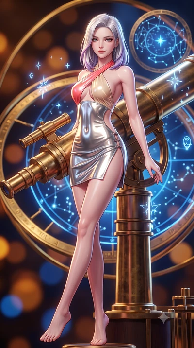 score_9, masterpiece, best quality, ultra-detailed, high-budget anime keyframe, semi-realistic 3D game render, editorial fashion photography, tasteful artistic composition, Caucasian woman. low angle full-body shot from head to toe showing her feet, 