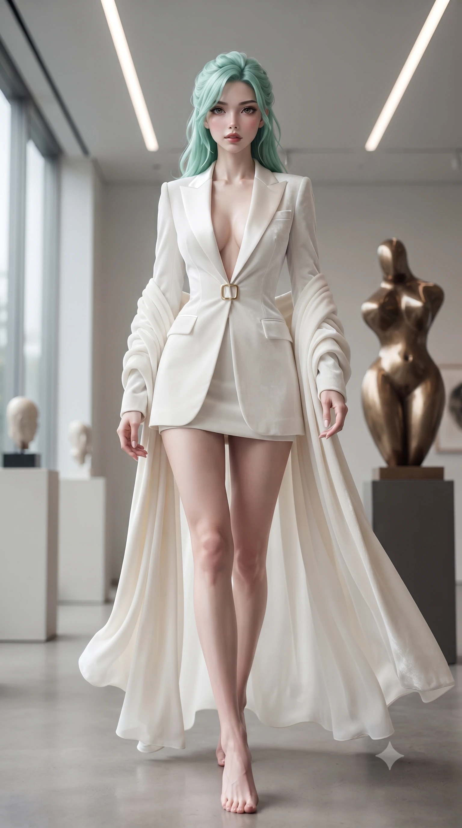 score_9, masterpiece, best quality, ultra-detailed, high-budget anime keyframe, editorial fashion photography, tasteful artistic composition, Japanese woman. low angle full-body shot from head to toe showing her feet, filling the entire 9:16 vertical frame with her statuesque presence, stretching her vertical silhouette. striding forward in a proud supermodel runway stride, hips swaying in an alluring kinetic rhythm that accentuates her curvy hourglass silhouette while standing poised beside a polished bronze abstract sculpture, twisting her slender torso in an alluring contrapposto stance in the cool Nordic light. The composition keeps background elements in soft focus with creamy bokeh. minimalist art pedestals and recessed architectural linear ceiling lights softened in Scandinavian shallow focus. She has an exceptionally tall and slender model-like 8.5-heads proportion, an ultra-slim waist, a flat toned midriff, narrow delicate ribcage, and beautifully sculpted feminine hips creating a graceful, slim hourglass silhouette without any bulky heaviness, with impossibly long slender legs. sharp v-shaped jawline, high-bridge nose, intricate jewel-like eyes with depth, thick eyelashes, glossy parted lips with a natural sheen, intensely captivating and seductive bedroom-eyes expression, flawlessly proportioned anatomical accuracy, strict slender model proportions, natural body alignment, perfectly sculpted long slender limbs, ultra-slim waistline, clean dynamic posture without body distortion. wearing a tailored velvet tuxedo jacket dress with satin lapels, worn with a deep plunge neckline and gold hip buckle in pure alabaster white and sun-kissed gold, woven from layered gossamer chiffon with a weightless sweeping drape, complemented by a plush velvet shawl draped loosely over her elbows, the glove-like aerodynamic silhouette tightly following the natural contour of her hips and long slender legs with statuesque 8.5-heads elegance. illuminated by crisp architectural ceiling wash lights sculpturing her sculpted cheekbones, ultra-slim waist, and curvy hips. ultra-reflective glossy finish, specular highlights, rich textural contrasts, high-contrast stereoscopic depth, volumetric dynamic lighting, 2k, ultra detail, master piece, 9:16 ratio