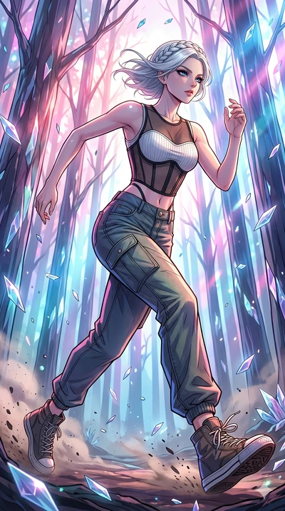 score_9, masterpiece, best quality, ultra-detailed, high-budget anime movie keyframe, cinematic anime lighting, intricate line art, Japanese woman. Low angle cowboy shot capturing a powerful motion and statuesque presence. sprinting through a forest 