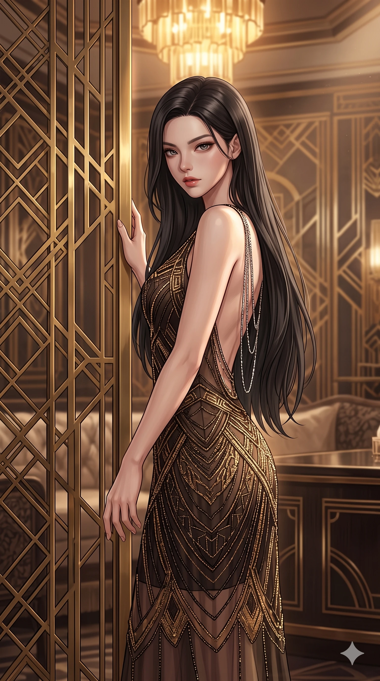 score_9, masterpiece, best quality, ultra-detailed, high-budget anime keyframe, semi-realistic 3D game render, editorial fashion photography, tasteful artistic composition, Korean woman. close-up cowboy shot from the waist and thighs up, the character dominates the composition, filling the frame with her large presence. leaning forward while arching her lower back to accentuate her curvy hips, looking into the camera with an intoxicating smoldering gaze and bedroom-eyes while standing in a tall, confident posture beside a towering geometric brass screen, stretching her statuesque body as she arches her lower back to emphasize her sculpted feminine hips and slender waist. The background shows a soft-focus sandalwood incense haze softened in Art Deco grand salon shallow focus. She has an exceptionally elegant, slender, and willowy female figure with an ultra-slim waist, flat toned midriff, narrow ribcage, and sculpted feminine hips creating an alluring, slim hourglass silhouette without bulk. sharp v-shaped jawline, high-bridge nose, intricate jewel-like sparkling eyes with depth, thick eyelashes, glossy parted lips with a natural sheen, intensely captivating and seductive bedroom-eyes expression, exuding both youthful cute charm and sovereign luxury allure, flawlessly proportioned anatomical accuracy, strict slender model proportions, natural body alignment, perfectly sculpted long slender limbs, ultra-slim waistline, clean dynamic posture without body distortion. wearing a sheer vintage mesh flapper dress adorned with intricate geometric beadwork over an opaque silk micro-slip in dark espresso brown and molten gold foil, crafted from bespoke double-faced cashmere with an exceptionally soft tactile finish, accented with an open-back drape framed by falling strands of delicate chrome chains, the glove-like clinging cut tightly following the natural contour of her hips and long slender legs with youthful 8.5-heads elegance. bathed in the majestic, warm 2600K amber glow of geometric brass chandeliers filtering through filigree screens creating dramatic shadow lattices. highly saturated vibrant anime colors, detailed shading with soft gradients, rich glossy textures, high-contrast stereoscopic depth, volumetric dynamic lighting, master piece, 9:16 ratio