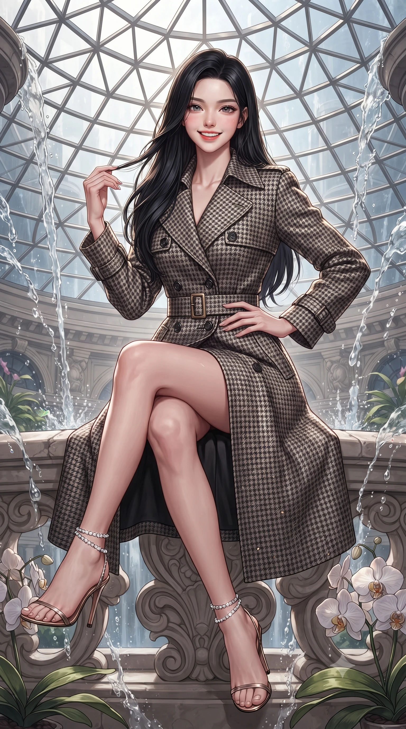 score_9, masterpiece, best quality, ultra-detailed, high-budget anime keyframe, editorial fashion photography, tasteful artistic composition, Korean woman. close-up cowboy shot from the waist and thighs up, the character dominates the composition, filling the frame with her large presence. twisting her slender torso in an alluring contrapposto stance, one hand resting on her sculpted hip while her fingers toy with her hair with effortless poise while sitting gracefully on the sculptured stone terrace with legs crossed, running one manicured hand slowly down her neck with magnetic poise. The surrounding environment is rendered in vivid detail and crisp panoramic clarity: sharp triangular diagrid glass dome framework, rushing water droplet streams in mid-air, and exotic orchid petal veins in deep focus. She has an exceptionally elegant, slender, and willowy female figure with an ultra-slim waist, flat toned midriff, narrow ribcage, and sculpted feminine hips creating an alluring, slim hourglass silhouette without bulk. sharp v-shaped jawline, high-bridge nose, intricate jewel-like sparkling eyes with depth, thick eyelashes, glossy parted lips with a natural peach sheen, bright cheerful beaming smile with an enchanting and coquettish sensual glint, exuding both youthful cute charm and seductive allure, flawlessly proportioned anatomical accuracy, strict slender model proportions, natural body alignment, perfectly sculpted long slender limbs, ultra-slim waistline, clean dynamic posture without body distortion. wearing a structured Viennese secessionist houndstooth trench coat with belted waist and storm flaps in Viennese golden secession noir and imperial 24k gold leaf, woven from structured British tweed with subtle metallic flecks, complemented by strappy stiletto sandals with crystal ankle wraps accentuating her slender calves, the impeccably tailored cut draping gracefully along her slender figure with aristocratic poise. illuminated by waterfall spray specular bounce and sharp rainbow-platinum rim lights defining her dewy collarbones, ultra-slim waist, and curvy hips. ultra-reflective glossy finish, specular highlights, rich textural contrasts, high-contrast stereoscopic depth, volumetric dynamic lighting, 2k, ultra detail, master piece, 9:16 ratio