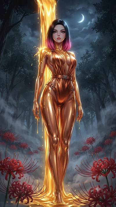 score_9, masterpiece, best quality, ultra-detailed, High-budget Anime Keyframe, East Asian woman. Low angle cowboy shot filling the entire 9:16 frame with her statuesque presence. Scenario 496: standing under a waterfall of liquid gold, the fluid coa