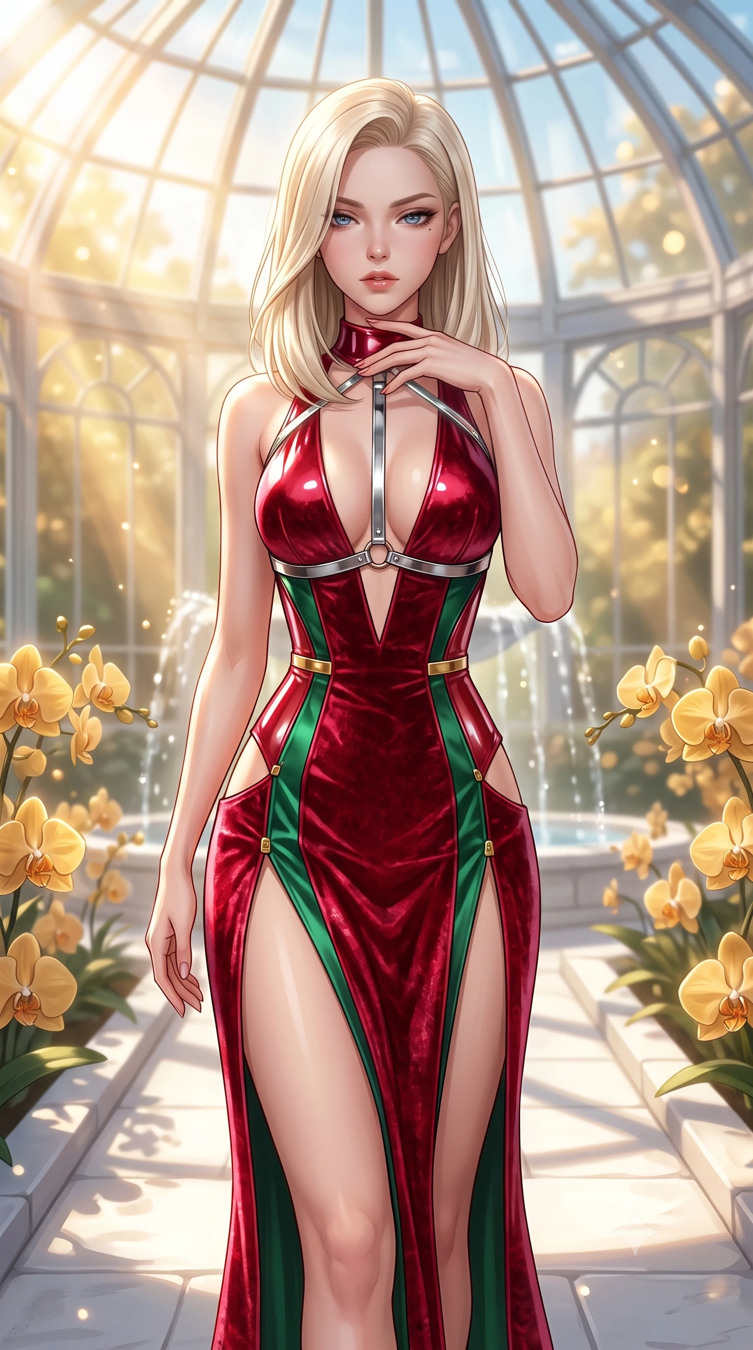 score_9, masterpiece, best quality, ultra-detailed, high-budget anime keyframe, semi-realistic 3D game render, editorial fashion photography, tasteful artistic composition, Caucasian woman. close-up cowboy shot from the waist and thighs up, the character dominates the composition, filling the frame with her large presence. resting her fingers lightly against her throat while looking down with a smoldering, haughty yet intensely captivating glance while walking gracefully along a sunlit white stone aisle in a grand crystal conservatory surrounded by golden orchids. The composition keeps background elements in soft focus with creamy bokeh. streaming sunbeams and fountain water droplets softened in a dreamy, warm depth of field. She has an exceptionally elegant, slender, and willowy female figure with an ultra-slim waist, a gracefully sculpted slender torso, toned flat midriff, and a refined slim silhouette. sharp v-shaped jawline, high-bridge nose, intricate jewel-like eyes with depth, thick eyelashes, glossy lips with a natural sheen, flawlessly proportioned anatomical accuracy, strict slender model proportions, natural body alignment, perfectly sculpted long slender limbs, ultra-slim waistline, clean dynamic posture without body distortion. wearing a backless crimson crushed velvet gown with a deep plunging V-neckline, strategic hip cutouts, and an ultra-high thigh slit in bright emerald green satin and gold hardware, crafted from ultra-reflective second-skin latex with a high-gloss glass-like polish, reinforced by a sleek metallic chrome harness and delicate glowing micro-straps, the glove-like aerodynamic second-skin fit tightly clinging to her ultra-slender waist and athletic curves without adding bulk, accentuating her razor-sharp statuesque lines and slim hourglass silhouette. bathed in intense volumetric golden sunbeams streaming through crystalline glass dome panes. highly saturated vibrant anime colors, detailed shading with soft gradients, rich glossy textures, high-contrast stereoscopic depth, volumetric dynamic lighting, master piece, 9:16 ratio