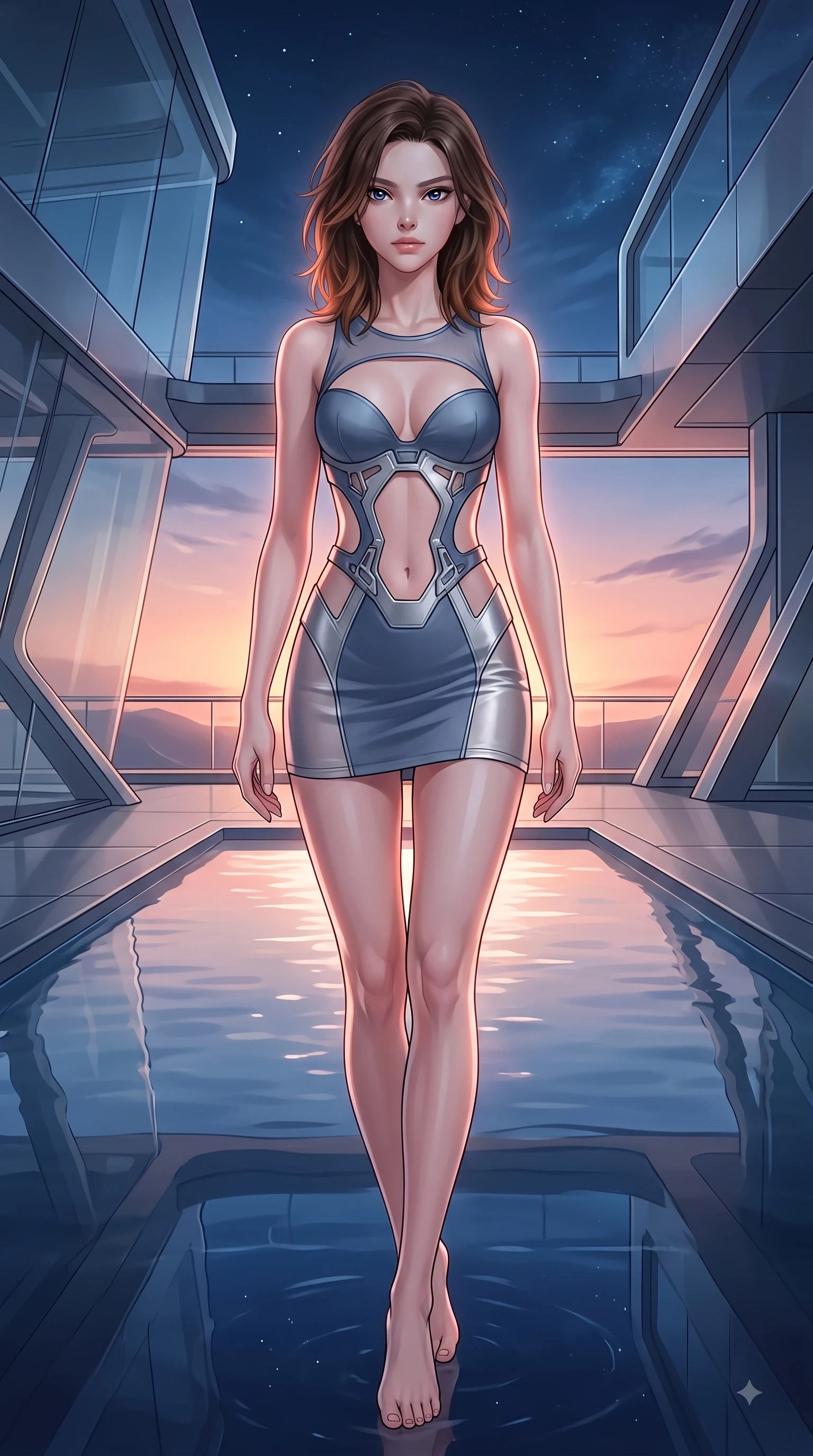 score_9, masterpiece, best quality, ultra-detailed, high-budget anime keyframe, editorial fashion photography, tasteful artistic composition, Korean woman. low angle full-body shot from head to toe showing her feet, filling the entire 9:16 vertical frame with her statuesque presence, stretching her vertical silhouette. forging dynamically through the scene with her long slender legs and ultra-slim waist creating a sweeping curve while pivoting gracefully beside an infinity reflecting pool at sunset as warm rose-gold sky light traces her form, still pool water reflecting her statuesque figure and the dramatic night sky flawlessly. She has an absolutely perfect, statuesque 8.5-heads proportion, an exceptionally tall and slender model-like female figure with impossibly long slender legs and an ultra-slim waist. sharp v-shaped jawline, high-bridge nose, intricate jewel-like eyes with depth, thick eyelashes, glossy lips with a natural sheen, flawlessly proportioned anatomical accuracy, natural body alignment, perfectly sculpted elegant limbs, clean dynamic posture without body distortion. wearing a dramatic open-waist cutout mini dress framed by sculptural hardware in slate blue and metallic silver, woven from fine semi-opaque sheer organza, accented with a Tasteful chest slit framing her clavicle gracefully, the tailored fabric tightly following every curve of her athletic build. surrounded by a cozy, intimate glow with smooth high-contrast stereoscopic depth. highly saturated vibrant anime colors, detailed shading with soft gradients, rich glossy textures, high-contrast stereoscopic depth, volumetric dynamic lighting, master piece, 9:16 ratio