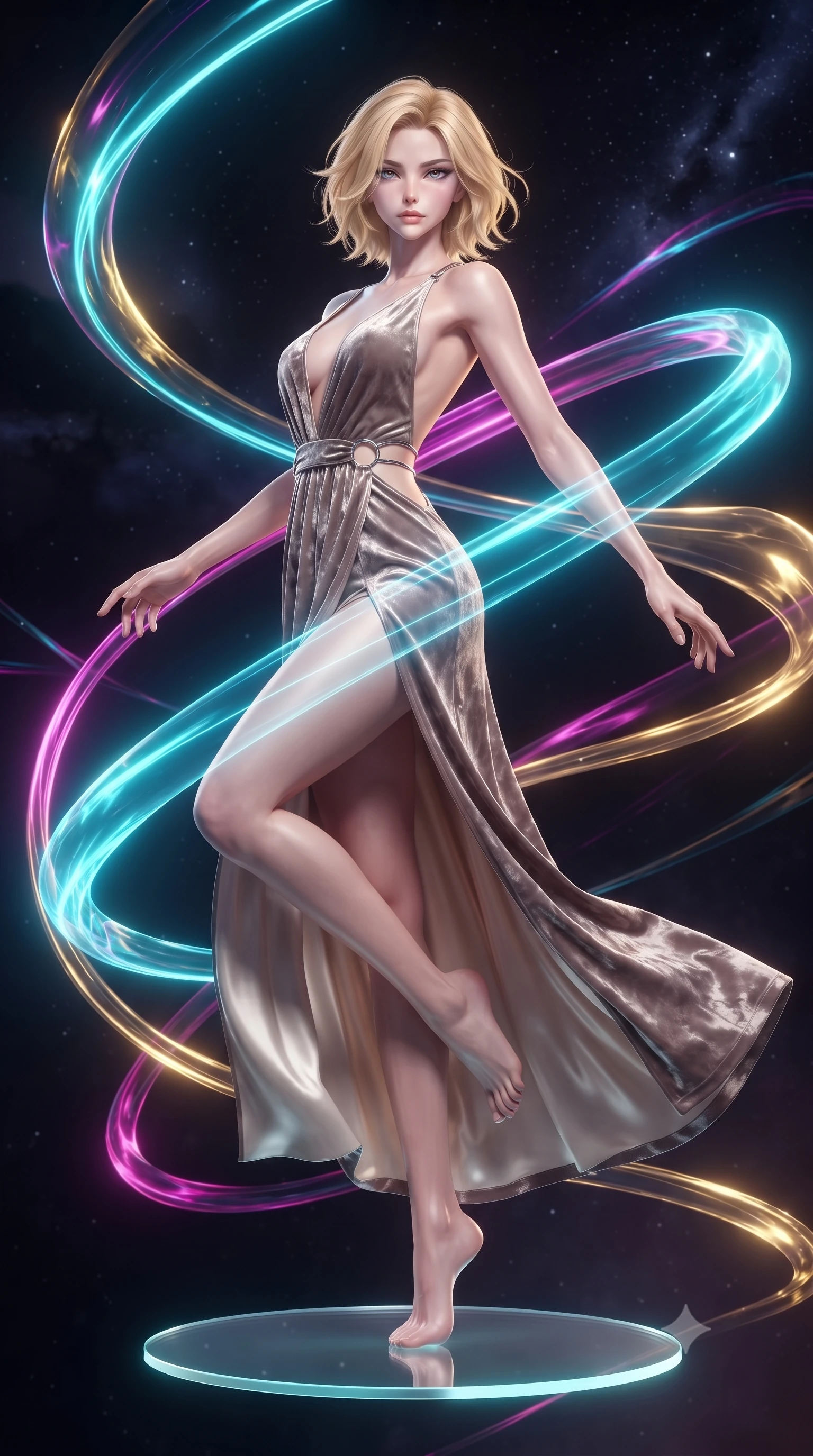 score_9, masterpiece, best quality, ultra-detailed, high-budget anime keyframe, editorial fashion photography, tasteful artistic composition, Caucasian woman. low angle full-body shot from head to toe showing her feet, filling the entire 9:16 vertical frame with her statuesque presence, stretching her vertical silhouette. performing an athletic mid-air rotation with flawless poise, her vertical silhouette beautifully stretched while balancing on a glowing glass disk while luminescent ribbons swirl in zero-gravity, fluorescent cyan, magenta, and gold plasma ribbons crossing in 3D space. She has an absolutely perfect, statuesque 8.5-heads proportion, an exceptionally tall and slender model-like female figure with impossibly long slender legs and an ultra-slim waist. sharp v-shaped jawline, high-bridge nose, intricate jewel-like eyes with depth, thick eyelashes, glossy lips with a natural sheen, flawlessly proportioned anatomical accuracy, natural body alignment, perfectly sculpted elegant limbs, clean dynamic posture without body distortion. wearing a backless crushed velvet gown with a deep V-neckline and high thigh slit in muted taupe and soft ivory, crafted from lustrous satin jersey with fluid draping, accented with delicate chrome ring hardware framing her waist, the form-contouring material highlighting her ultra-slim waist and long lines. illuminated by the brilliant glow of cyan and gold luminescent plasma ribbons. ultra-reflective glossy finish, specular highlights, metallic sheen, high-contrast stereoscopic depth, volumetric dynamic lighting, 2k, ultra detail, master piece, 9:16 ratio