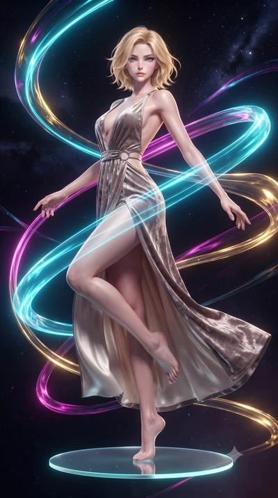 score_9, masterpiece, best quality, ultra-detailed, high-budget anime keyframe, editorial fashion photography, tasteful artistic composition, Caucasian woman. low angle full-body shot from head to toe showing her feet, filling the entire 9:16 vertica