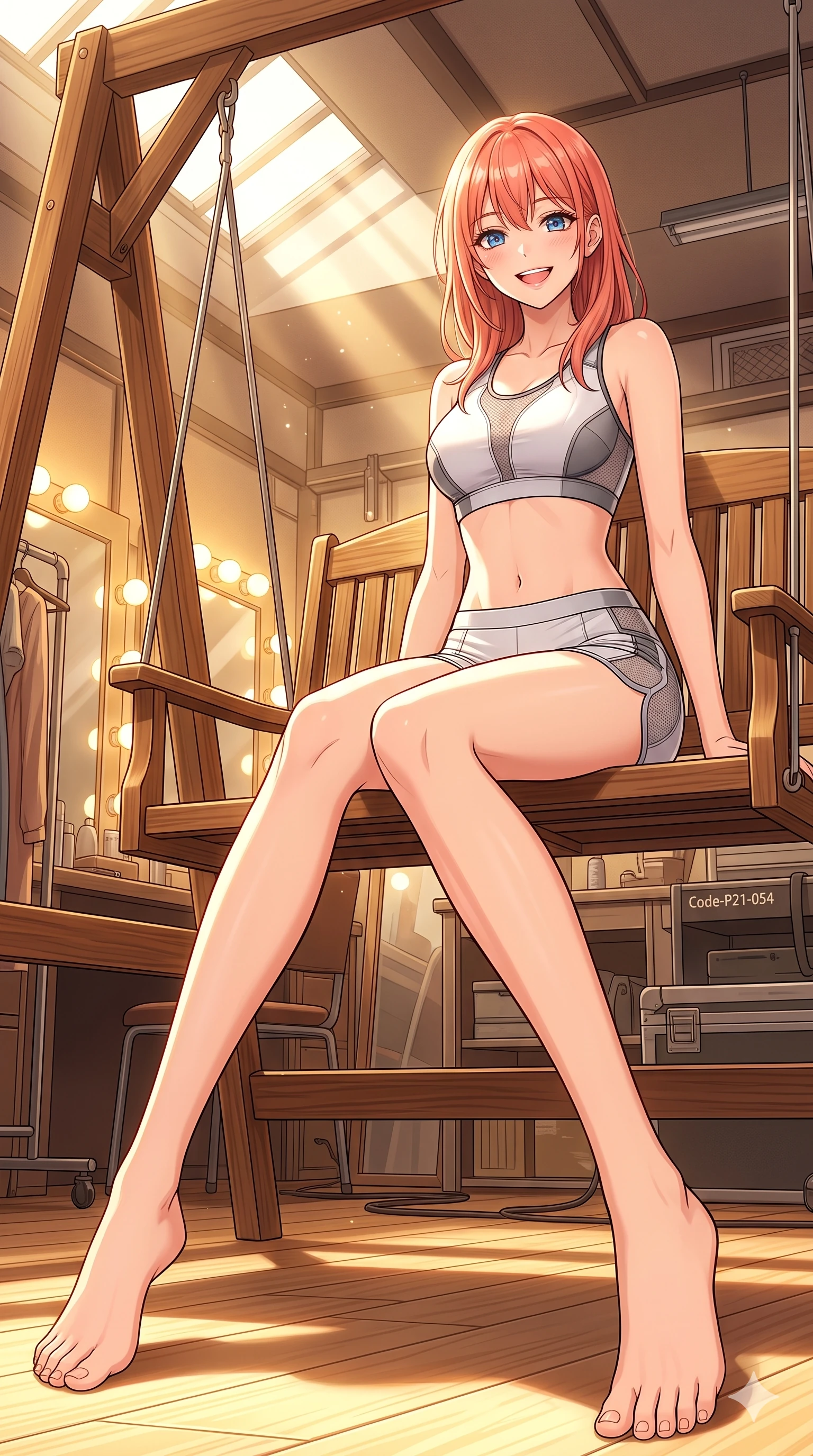 score_9, masterpiece, best quality, ultra-detailed, high-budget anime keyframe, vibrant anime aesthetic, Japanese woman. low angle full-body shot from head to toe showing her feet, filling the entire 9:16 vertical frame with her statuesque presence, stretching her vertical silhouette. She is sitting on a garden swing, smiling brightly with a cheerful and warm winter gaze inside a runway backstage room with warm golden lights (Code-P21-054). She has an absolutely perfect 8-heads proportion, an exceptionally tall and slender female figure with impossibly long slender legs and an ultra-slim waist. V-shaped jawline, high-bridge nose, intricate jewel-like eyes with depth, thick eyelashes, glossy lips with a natural sheen. wearing a skin-tight activewear set with a sports bra and micro-shorts in snow. She is illuminated by bright, direct sunbeams in a photography studio, creating clean outlines. 2k, ultra detail, master piece, 9:16 ratio