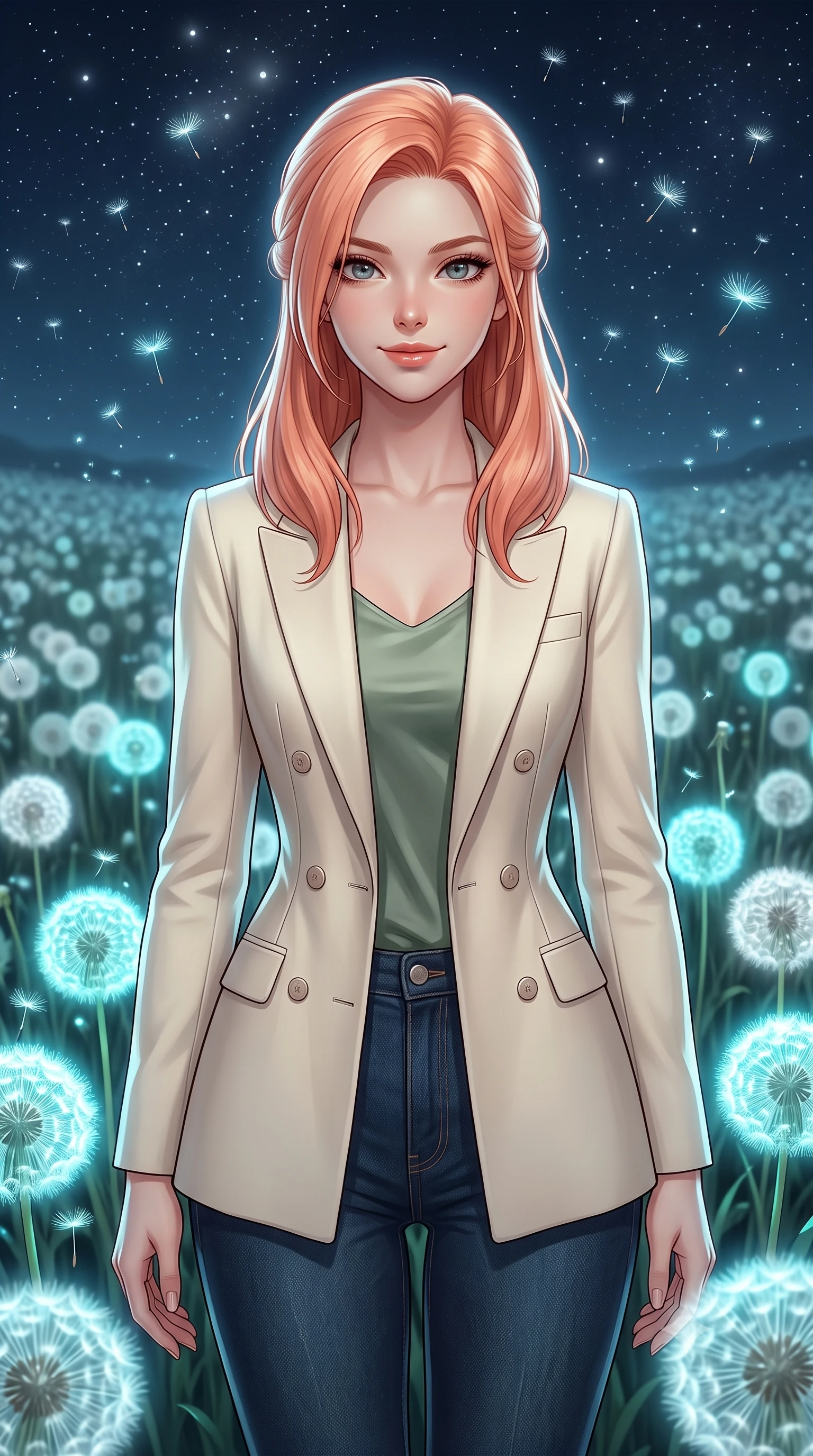 score_9, masterpiece, best quality, ultra-detailed, high-budget anime keyframe, editorial fashion photography, tasteful artistic composition, Japanese woman. close-up cowboy shot from the waist and thighs up, the character dominates the composition, filling the frame with her large presence, background elements kept in soft focus. Gazing ahead with a happy, optimistic expression and a gentle smile. set against a soft-focus background of in a vast meadow at night filled with giant glowing white dandelions, their seeds floating up like tiny silver stars into a clear night sky. She has an exceptionally elegant, slender, and willowy female figure with a highly-defined ultra-slim waist, a gracefully sculpted slender torso, and a refined slim-fit silhouette that contours her form. sharp v-shaped jawline, high-bridge nose, intricate jewel-like eyes with depth, thick eyelashes, glossy lips with a natural sheen. wearing a tailored cream double-breasted blazer over a sage green silk top, paired with raw dark blue denim. soft silver starlight from above with gentle cyan bioluminescent glow from the giant dandelions illuminating the meadow. 2k, ultra detail, master piece, 9:16 ratio