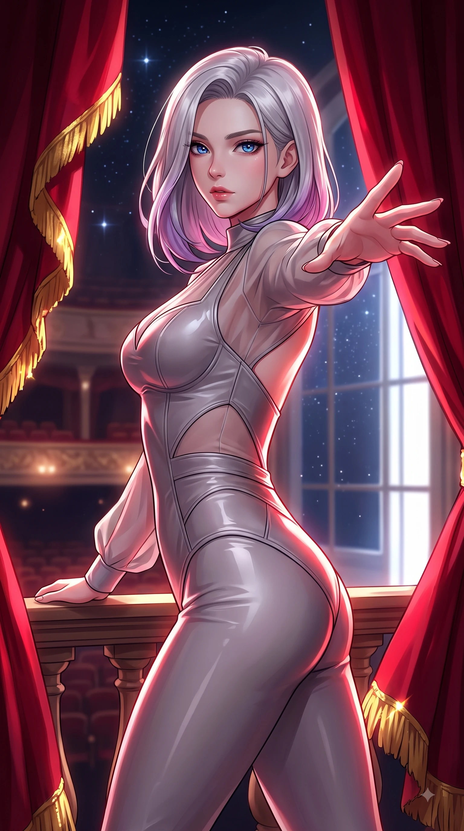 score_9, masterpiece, best quality, ultra-detailed, high-budget anime keyframe, editorial fashion photography, tasteful artistic composition, Caucasian woman. close-up cowboy shot from the waist and thighs up, the character dominates the composition, filling the frame with her large presence, background elements kept in soft focus. Reaching one arm gracefully toward the camera with magnetic poise, displaying her statuesque silhouette while pivoting dynamically on an opera balcony as deep space starlight illuminates her bare back, rich crimson velvet curtains catching dramatic gold-leaf trim highlights. She has an exceptionally elegant, slender, and willowy female figure with an ultra-slim waist, a gracefully sculpted slender torso, and a refined silhouette. sharp v-shaped jawline, high-bridge nose, intricate jewel-like eyes with depth, thick eyelashes, glossy lips with a natural sheen, flawlessly proportioned anatomical accuracy, natural body alignment, perfectly sculpted elegant limbs, clean dynamic posture without body distortion. wearing a tailored leather bustier over a sheer silk chiffon blouse in muted taupe and soft ivory, made of premium stretch velvet with a rich sheen, featuring clean architectural cutouts along her slender torso, the glove-like fit emphasizing her statuesque silhouette during motion. bathed in deep crimson theatrical lighting with sharp specular highlights on every curve. highly saturated vibrant anime colors, detailed shading with soft gradients, rich glossy textures, high-contrast stereoscopic depth, volumetric dynamic lighting, master piece, 9:16 ratio