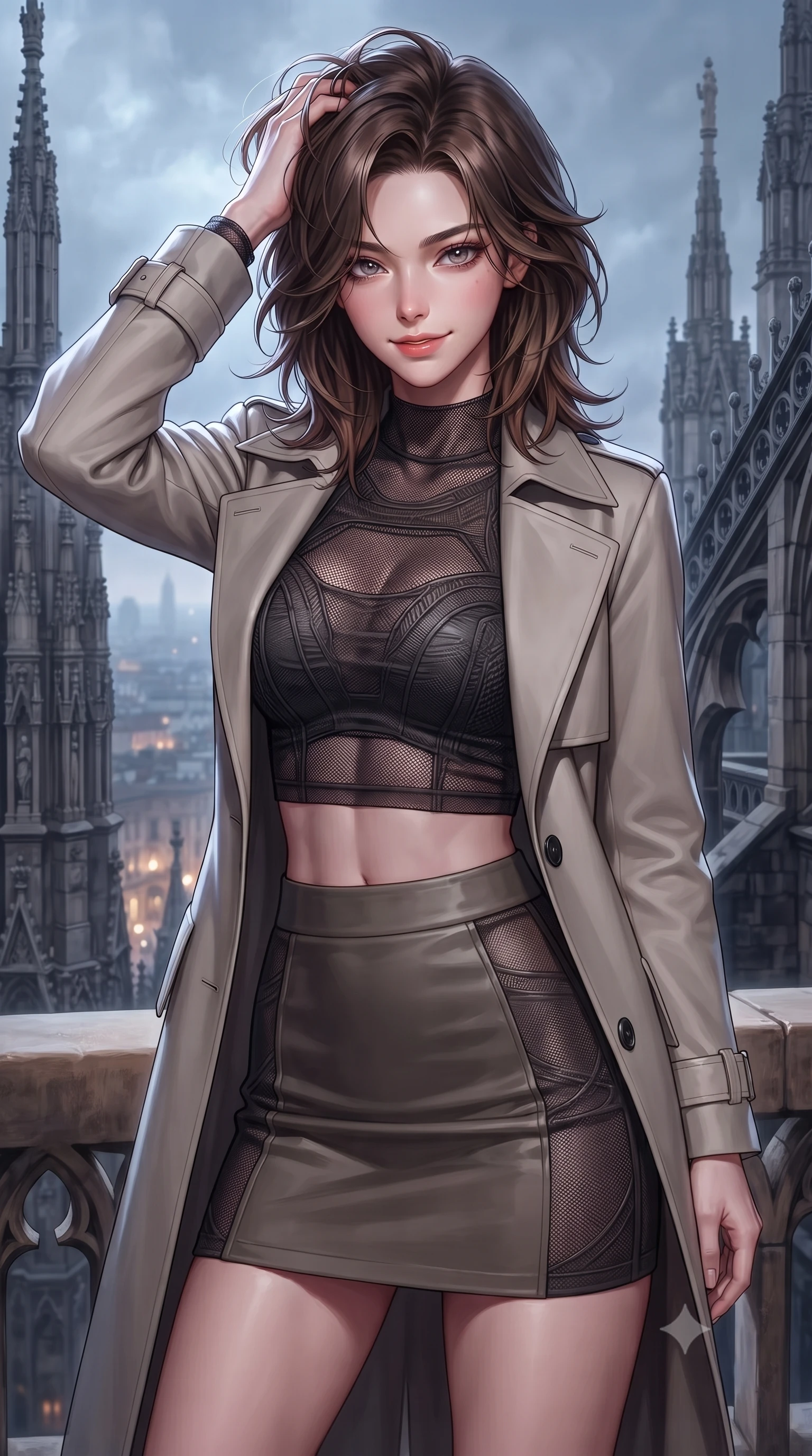 score_9, masterpiece, best quality, ultra-detailed, high-budget anime keyframe, editorial fashion photography, tasteful artistic composition, Korean woman. close-up cowboy shot from the waist and thighs up, the character dominates the composition, filling the frame with her large presence, background elements kept in soft focus. smiling with quiet, magnetic self-assurance directly into the camera, running a hand through her hair the background shows a soft-focus a gothic cathedral spire balcony overlooking a foggy medieval city skyline. She has an exceptionally elegant, slender, and willowy female figure with an ultra-slim waist, a gracefully sculpted slender torso, and a refined silhouette. sharp v-shaped jawline, high-bridge nose, intricate jewel-like eyes with depth, thick eyelashes, glossy lips with a natural sheen. wearing a body-hugging semi-opaque dark mesh crop top paired with a mini skirt, layered with a tailored light trench coat. cool silver moonlight contrasting with warm sodium lights of the city below. highly saturated vibrant anime colors, detailed shading with soft gradients, rich glossy textures, high-contrast stereoscopic depth, volumetric dynamic lighting, master piece, 9:16 ratio