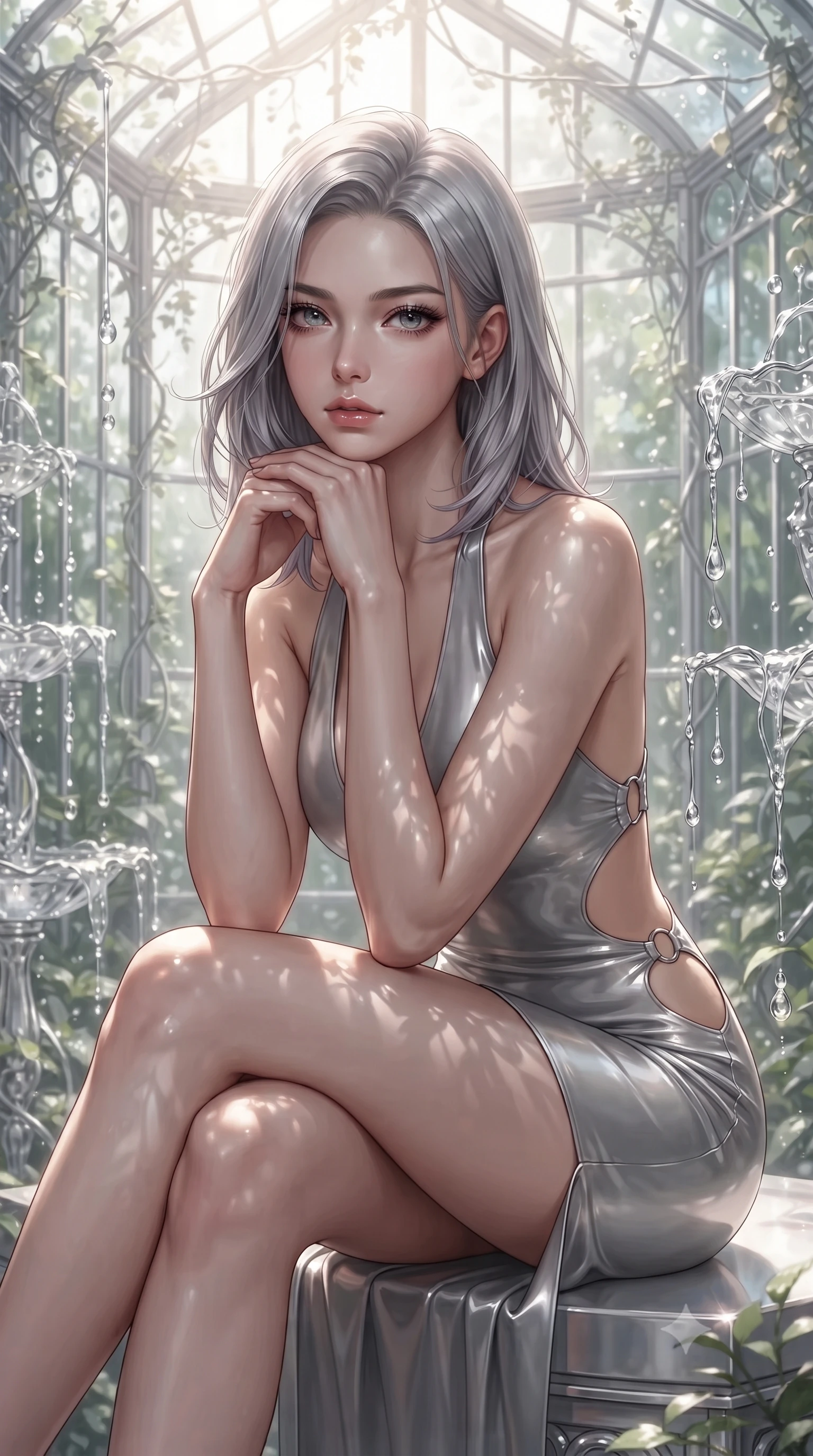 score_9, masterpiece, best quality, ultra-detailed, high-budget anime keyframe, editorial fashion photography, tasteful artistic composition, Caucasian woman. close-up cowboy shot from the waist and thighs up, the character dominates the composition, filling the frame with her large presence, background elements kept in soft focus. Resting her chin on the backs of her fingers, casting a sharp, mysterious gaze forging through an overgrown greenhouse filled with platinum wire lattices, translucent water droplets cascading down platinum fountains. She has an exceptionally elegant, slender, and willowy female figure with an ultra-slim waist, a gracefully sculpted slender torso, and a refined silhouette. sharp v-shaped jawline, high-bridge nose, intricate jewel-like eyes with depth, thick eyelashes, glossy lips with a natural sheen. wearing a deep-scoop halter neck bodycon dress with daring hip cutouts connected by silver rings, the form-contouring material highlighting her ultra-slim waist and long lines. illuminated by brilliant sunbeams casting organic leaf stencil shadows. ultra-reflective glossy finish, specular highlights, metallic sheen, high-contrast stereoscopic depth, volumetric dynamic lighting, 2k, ultra detail, master piece, 9:16 ratio