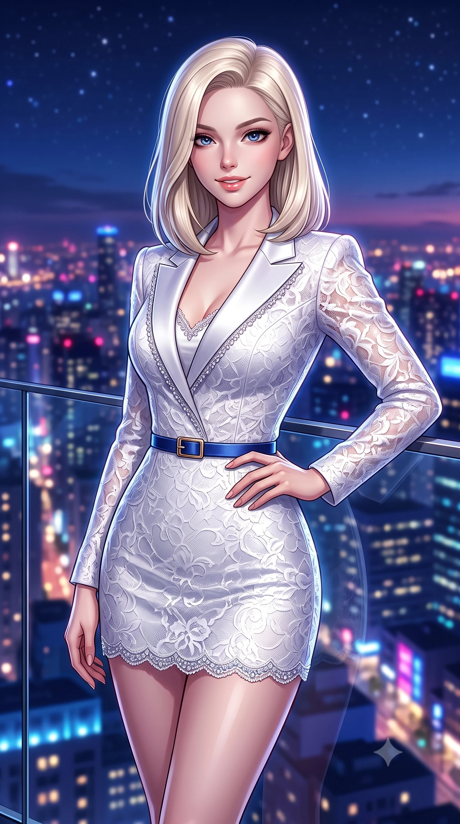 score_9, masterpiece, best quality, ultra-detailed, high-budget anime keyframe, semi-realistic 3D game render, editorial fashion photography, tasteful artistic composition, Caucasian woman. close-up cowboy shot from the waist and thighs up, the character dominates the composition, filling the frame with her large presence. smiling with subtle, enchanting allure and glossy parted lips, one hand resting on her waist with effortless supermodel poise while leaning against the seamless glass barrier of an ultra-luxury penthouse terrace overlooking a sparkling city skyline at dusk. The composition keeps background elements in soft focus with creamy bokeh. dazzling skyscraper metropolis light clusters and starry night skies blurred into deep sapphire, magenta, and gold bokeh. She has an exceptionally elegant, slender, and willowy female figure with an ultra-slim waist, a gracefully sculpted slender torso, toned flat midriff, and a refined slim silhouette. sharp v-shaped jawline, high-bridge nose, intricate jewel-like eyes with depth, thick eyelashes, glossy lips with a natural sheen, captivating and magnetic expression, flawlessly proportioned anatomical accuracy, strict slender model proportions, natural body alignment, perfectly sculpted long slender limbs, ultra-slim waistline, clean dynamic posture without body distortion. wearing a tailored royal white tuxedo jacket dress with silk satin lapels and a slim gold-buckle belt in royal sapphire blue and brushed platinum, formed from shimmering French lace over smooth silk lining, finished with delicate crystal embroidery along the neckline and hem, the form-contouring material adhering flawlessly to her sculpted flat midriff and slender torso, emphasizing her long leg lines and perfectly proportioned willowy build. surrounded by a cosmopolitan, elite, and intensely magnetic modern royalty aura. highly saturated vibrant anime colors, detailed shading with soft gradients, rich glossy textures, high-contrast stereoscopic depth, volumetric dynamic lighting, master piece, 9:16 ratio