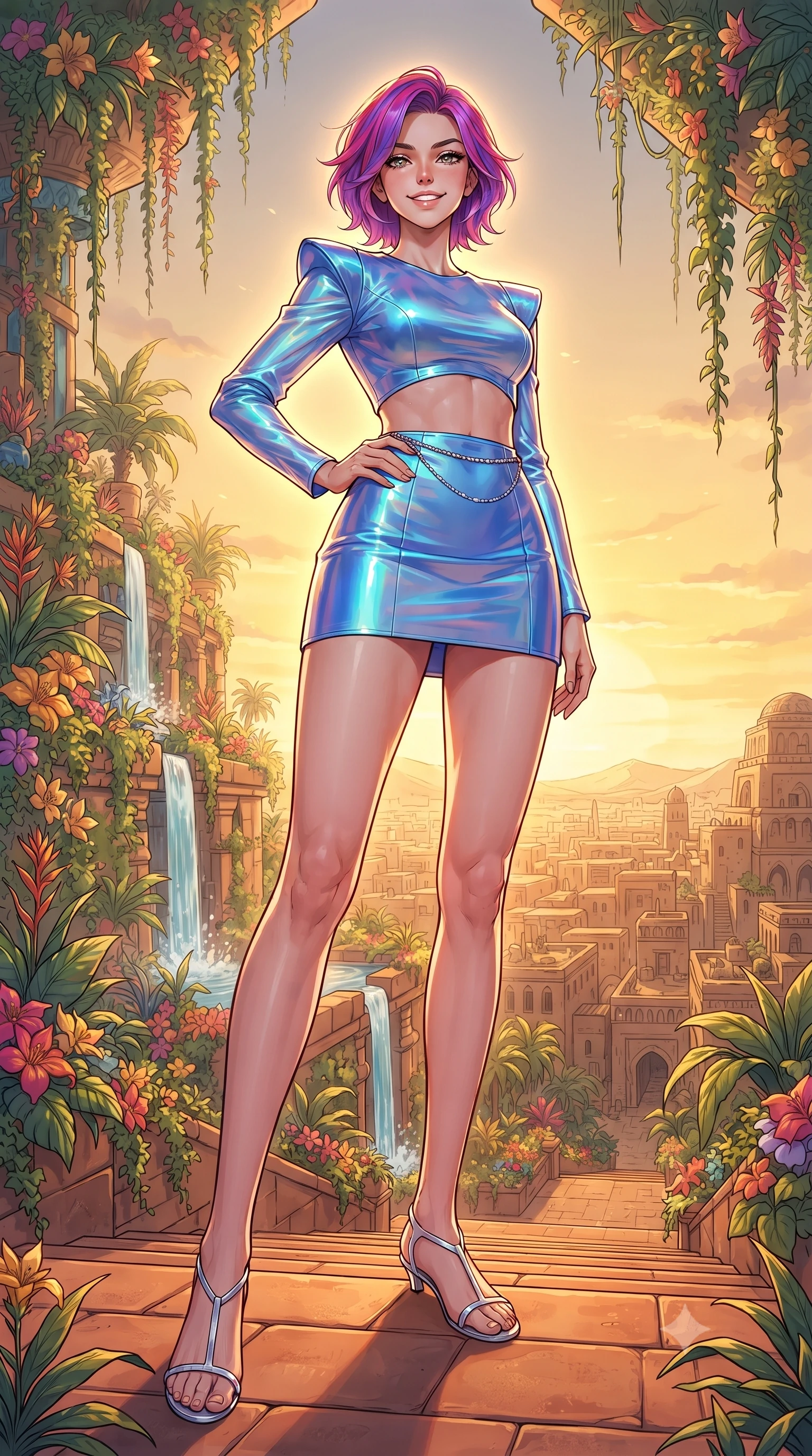 score_9, masterpiece, best quality, ultra-detailed, high-budget anime keyframe, editorial fashion photography, tasteful artistic composition, gorgeous anime illustration, with clean line-art, distinct ink outlines, and high-contrast stereoscopic depth, Caucasian woman, strictly human ears. low angle full-body shot from head to toe showing her feet, filling the entire 9:16 vertical frame with her statuesque presence, stretching her vertical silhouette. striking a proud, smiling pose within on the stepped terraces of a lush hanging garden filled with tropical flowers, cascading waterfalls, and terracotta pathways overlooking an ancient desert city. She has a statuesque 8.5-heads proportion, an exceptionally tall, slender and willowy model-like build with impossibly long legs and a highly sculpted ultra-slim waist. sharp v-shaped jawline, high-bridge nose, intricate jewel-like eyes with depth, thick eyelashes, glossy lips with a natural sheen. wearing a holographic mini dress in electric blue, featuring structured shoulder pads, an exposed midriff, and a silver waist chain. dramatic backlight creating a radiant halo effect around her entire silhouette. 2k, ultra detail, master piece, 9:16 ratio, highly saturated vibrant anime colors, detailed cel-shading with soft gradients, rich glossy textures, deep contrast, volumetric dynamic lighting, 2d animation style