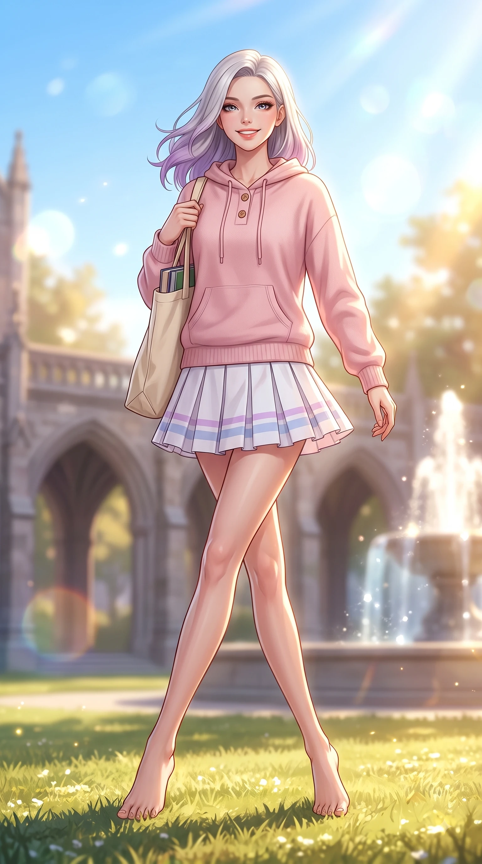 score_9, masterpiece, best quality, ultra-detailed, high-budget anime keyframe, editorial fashion photography, tasteful artistic composition, Caucasian woman. low angle full-body shot from head to toe showing her feet, filling the entire 9:16 vertical frame with her statuesque presence, stretching her vertical silhouette. walking forward in a proud dynamic stride with a cheerful beaming smile, her vertical silhouette filling the frame while walking happily across a sunlit university campus lawn carrying a canvas tote bag and books. The composition keeps background elements in soft focus with dreamy bokeh. gothic campus arches and sparkling fountain waters softened in a gentle background haze. She has an absolutely perfect, statuesque 8.5-heads proportion, an exceptionally tall and slender model-like female figure with impossibly long slender legs and an ultra-slim waist. sharp v-shaped jawline, high-bridge nose, intricate jewel-like eyes with depth, thick eyelashes, glossy lips with a natural sheen, flawlessly proportioned anatomical accuracy, natural body alignment, perfectly sculpted elegant limbs, clean dynamic posture without body distortion. wearing a cozy pastel-pink hoodie sweater paired with a white tennis skirt in soft pastel lavender and sky blue, knitted from soft cozy cashmere yarn, finished with neat front wooden buttons and pocket details, the chic real-way fashion cut emphasizing her effortless charm. illuminated by warm golden sunbursts and bright clear sky refractions. highly saturated vibrant anime colors, detailed shading with soft gradients, rich glossy textures, high-contrast stereoscopic depth, volumetric dynamic lighting, master piece, 9:16 ratio