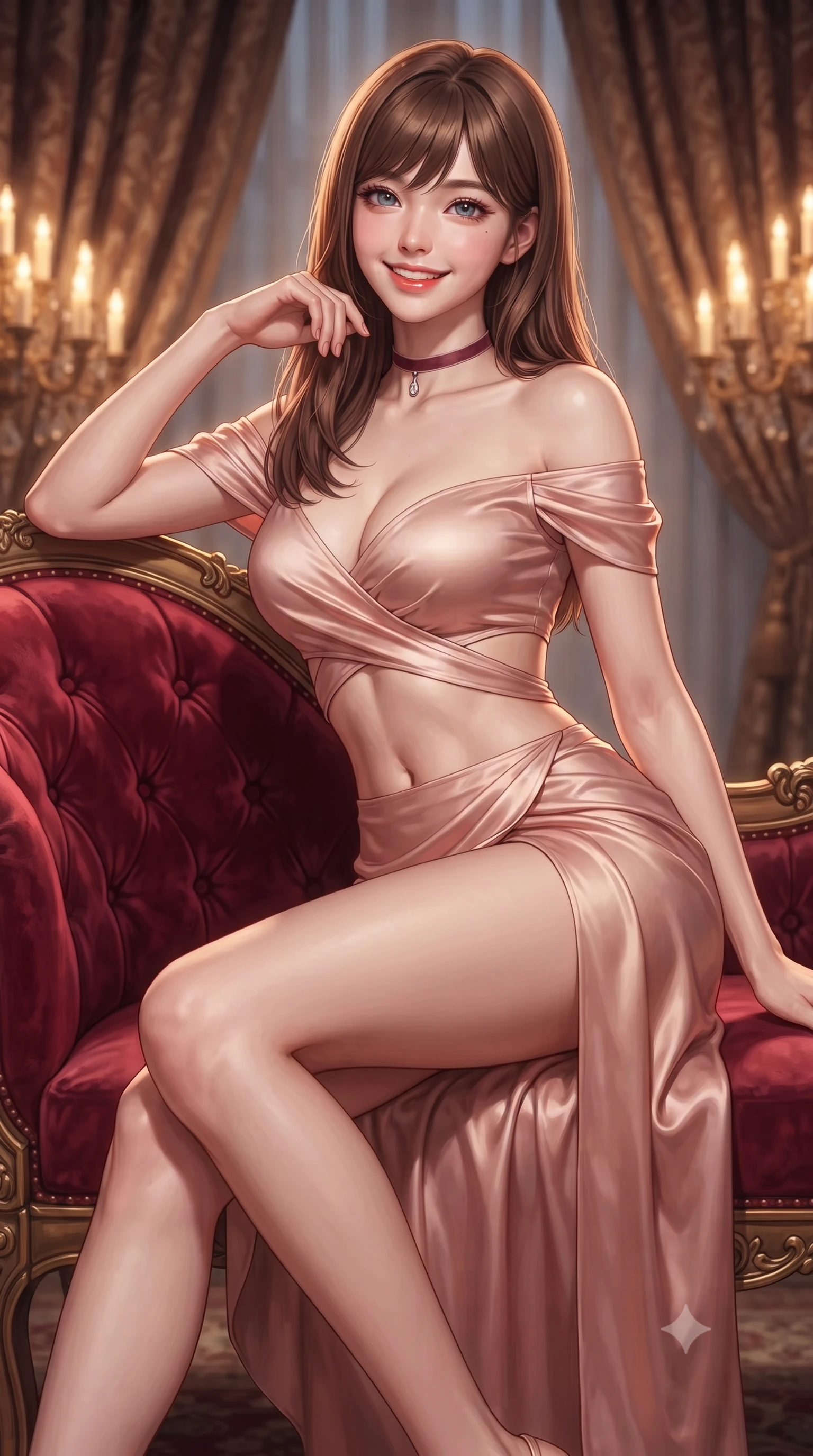 score_9, masterpiece, best quality, ultra-detailed, high-budget anime keyframe, editorial fashion photography, tasteful artistic composition, Korean woman. close-up cowboy shot from the waist and thighs up, the character dominates the composition, filling the frame with her large presence. perched sideways on the lounge seat, one knee drawn up to showcase her slender leg line while her arched back accentuates her feminine hip curve while lounging gracefully across the crimson velvet royal throne settee propped on one elbow with legs extended, displaying her long slender limbs and statuesque hourglass silhouette. The background shows a soft-focus heavy brocade portiere curtains softened in Bavarian fairy-tale castle shallow focus. She has an exceptionally elegant, slender, and willowy female figure with an ultra-slim waist, flat toned midriff, narrow ribcage, and sculpted feminine hips creating an alluring, slim hourglass silhouette without bulk. sharp v-shaped jawline, high-bridge nose, intricate jewel-like sparkling eyes with depth, thick eyelashes, glossy parted lips with a natural peach sheen, bright cheerful beaming smile with an enchanting and coquettish sensual glint, exuding both youthful cute charm and seductive allure, flawlessly proportioned anatomical accuracy, strict slender model proportions, natural body alignment, perfectly sculpted long slender limbs, ultra-slim waistline, clean dynamic posture without body distortion. wearing an alluring plunge-front off-the-shoulder crop top with asymmetrical side-torso cutouts and a high-slit wrap skirt in rose-quartz blush and antique burnished brass, crafted from fluid liquid silk satin that clings smoothly to her narrow waist and rounded hips with a dewy sheen, finished with a thin velvet ribbon choker and a single teardrop diamond pendant, the second-skin tailored fabric adhering flawlessly to her sculpted flat midriff and slender torso, emphasizing her long leg lines and perfectly proportioned willowy build. bathed in the warm radiant 2500K golden illumination of hundreds of chandelier candle flames dimmed to an intimate royal evening glow. ultra-reflective glossy finish, specular highlights, rich textural contrasts, high-contrast stereoscopic depth, volumetric dynamic lighting, 2k, ultra detail, master piece, 9:16 ratio
