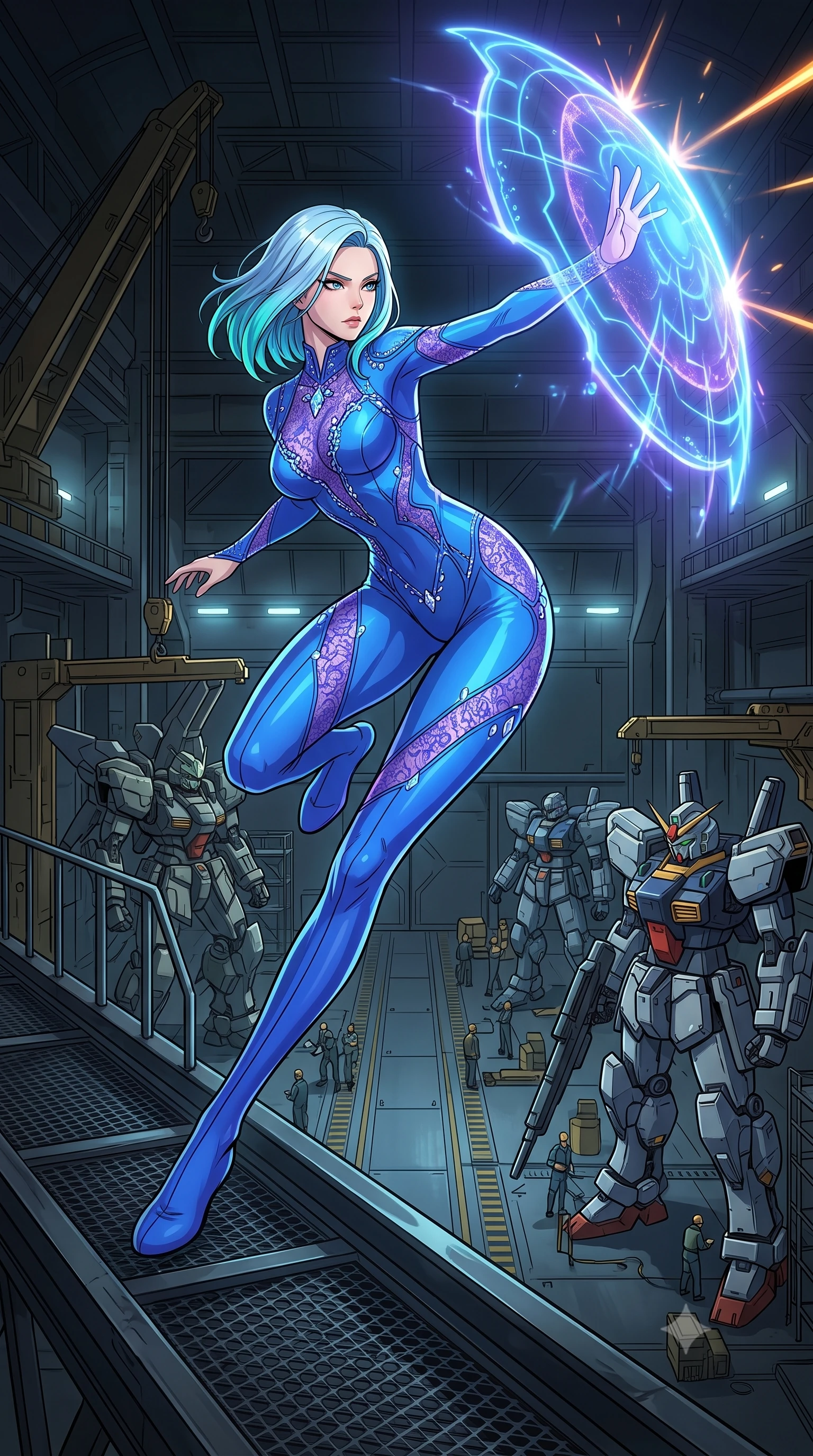 score_9, masterpiece, best quality, ultra-detailed, high-budget anime keyframe, clean line-art, cel-shading, Korean woman. low angle full-body shot from head to toe showing her feet, filling the entire 9:16 vertical frame with her statuesque presence, stretching her vertical silhouette. dodging backward with feline agility while casting an energy barrier through a narrow metal catwalk inside a giant military hangar, with colossal robotic suits undergoing maintenance below. She has a statuesque 8.5-heads proportion, an exceptionally tall, slender and willowy model-like build with impossibly long legs and a highly sculpted ultra-slim waist. sharp v-shaped jawline, high-bridge nose, intricate jewel-like eyes with depth, thick eyelashes, glossy lips with a natural sheen. wearing tailored for maximum mobility, sleek form-contouring panels that allow fluid movement, a body-hugging full-body sheer catsuit in electric blue, featuring violet lace panels and shimmering crystal embellishments. soft glowing ambient light with sharp side key light tracing the sleek contours of her figure. highly saturated vibrant anime colors, intense vivid color palette, volumetric dynamic lighting, 2k, ultra detail, master piece, 9:16 ratio