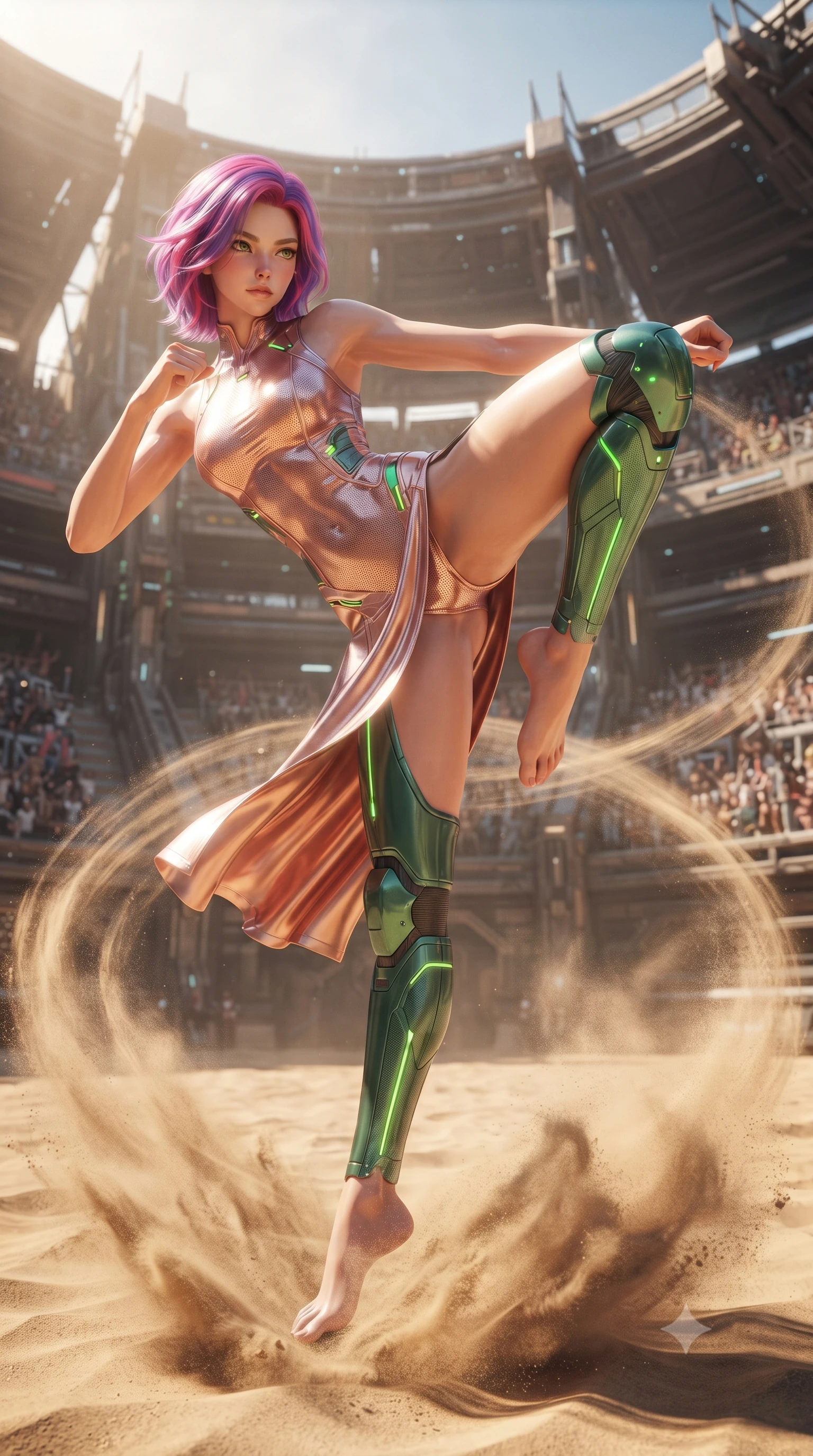 score_9, masterpiece, best quality, ultra-detailed, high-budget anime keyframe, editorial fashion photography, tasteful artistic composition, Caucasian woman. low angle full-body shot from head to toe showing her feet, filling the entire 9:16 vertical frame with her statuesque presence, stretching her vertical silhouette. leaping into mid-air with an athletic yet alluring arch of her spine, driving a downward kinetic strike surrounded by a ring of displaced air while executing a vertical 180-degree mid-air spinning axe kick in a vast cybernetic colosseum arena as sand swirls beneath her feet. The surrounding environment is rendered in vivid detail and crisp panoramic clarity. vibrant high-contrast desert arena lighting and heroic warrior aesthetics rendered in panoramic precision. She has an absolutely perfect, statuesque 8.5-heads proportion, an exceptionally tall and slender model-like female figure with impossibly long slender legs, a toned flat midriff, and an ultra-slim waist. sharp v-shaped jawline, high-bridge nose, intricate jewel-like eyes with depth, thick eyelashes, glossy lips with a natural sheen, flawlessly proportioned anatomical accuracy, strict slender model proportions, natural body alignment, perfectly sculpted long slender limbs, ultra-slim waistline, clean dynamic posture without body distortion. wearing a form-fitting luminous rose-gold carbon combat gown with tactical high leg slits and flexible kinetic knee articulation in emerald green carbon composite with glowing lime laser channels, tailored from flexible second-skin carbon-mesh that clings flawlessly to her athletic curves, featuring a sleek aerodynamic collar framed by subtle glowing cybernetic status LEDs, the liquid-tight tailored fabric emphasizing every curve of her tall, slender model proportions and sculptured silhouette during dynamic movement. illuminated by crisp white key lighting with sharp specular highlights tracing her ultra-slim waist and long legs. ultra-reflective glossy finish, specular highlights, dark metallic sheen, high-contrast stereoscopic depth, volumetric dynamic lighting, 2k, ultra detail, master piece, 9:16 ratio