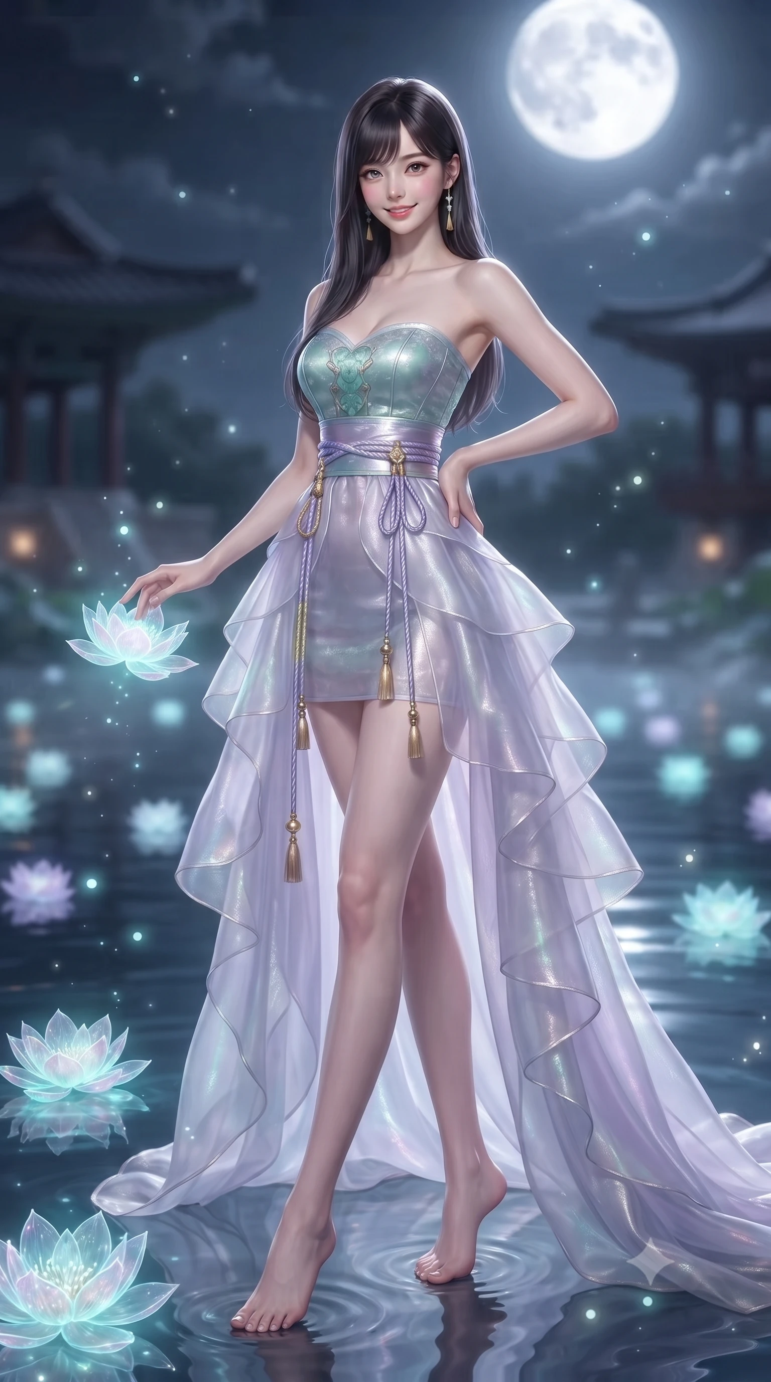 score_9, masterpiece, best quality, ultra-detailed, high-budget anime keyframe, editorial fashion photography, tasteful artistic composition, Korean woman. low angle full-body shot from head to toe showing her feet, filling the entire 9:16 vertical frame with her statuesque presence, stretching her vertical silhouette. standing poised with one hip cocked in an alluring high-fashion pose, her tall 8.5-heads proportions dominating the scene while pivoting gracefully as floating holographic lotus blossoms drift across the water, touching one petal with a gentle smile. The composition keeps background elements in soft focus with creamy bokeh. shimmering lunar light reflections and floating lotus pollen scattering celestial glowing light motes. She has an absolutely perfect, statuesque 8.5-heads proportion, an exceptionally tall and slender model-like female figure with impossibly long slender legs, a toned flat midriff, and an ultra-slim waist. sharp v-shaped jawline, high-bridge nose, intricate jewel-like eyes with depth, thick eyelashes, glossy lips with a natural sheen, captivating and magnetic expression, flawlessly proportioned anatomical accuracy, strict slender model proportions, natural body alignment, perfectly sculpted long slender limbs, ultra-slim waistline, clean dynamic posture without body distortion. wearing a jade-inlaid silk bustier dress with multi-tiered translucent organza train and metallic sash in ethereal lilac mist and pearlescent white, made of semi-translucent iridescent organza shifting between silver and violet, accessorized with delicate gold bell tassels and braided silk cords, the form-contouring material adhering flawlessly to her sculpted flat midriff and slender torso, emphasizing her long leg lines and perfectly proportioned willowy build. bathed in radiant silver-white full moon backlighting and soft cyan holographic lotus glow. ultra-reflective glossy finish, specular highlights, rich textural contrasts, high-contrast stereoscopic depth, volumetric dynamic lighting, 2k, ultra detail, master piece, 9:16 ratio
